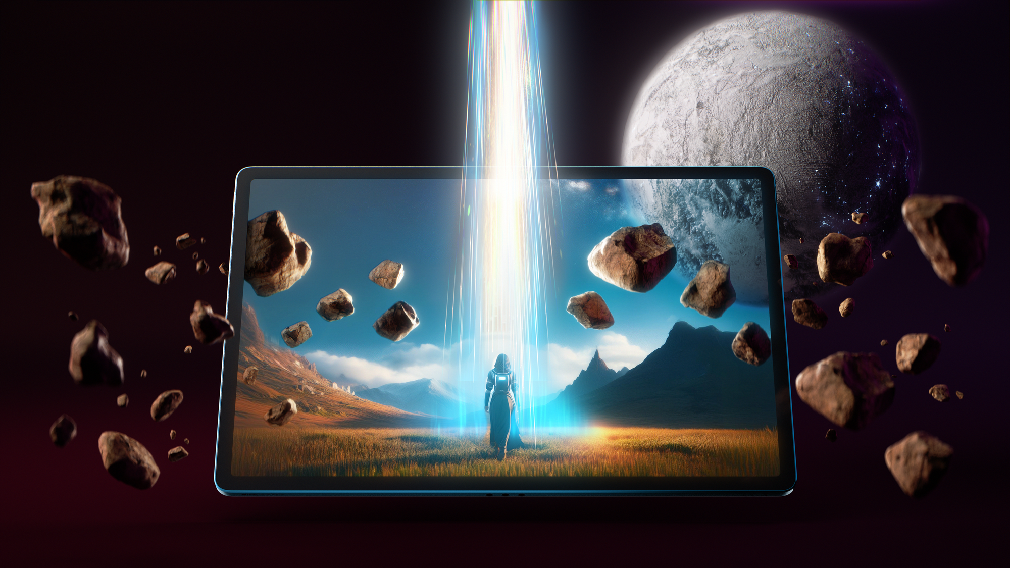 Tablet wyświetla postać pod snopem światła w obcym krajobrazie. Wokół unoszą się asteroidy.