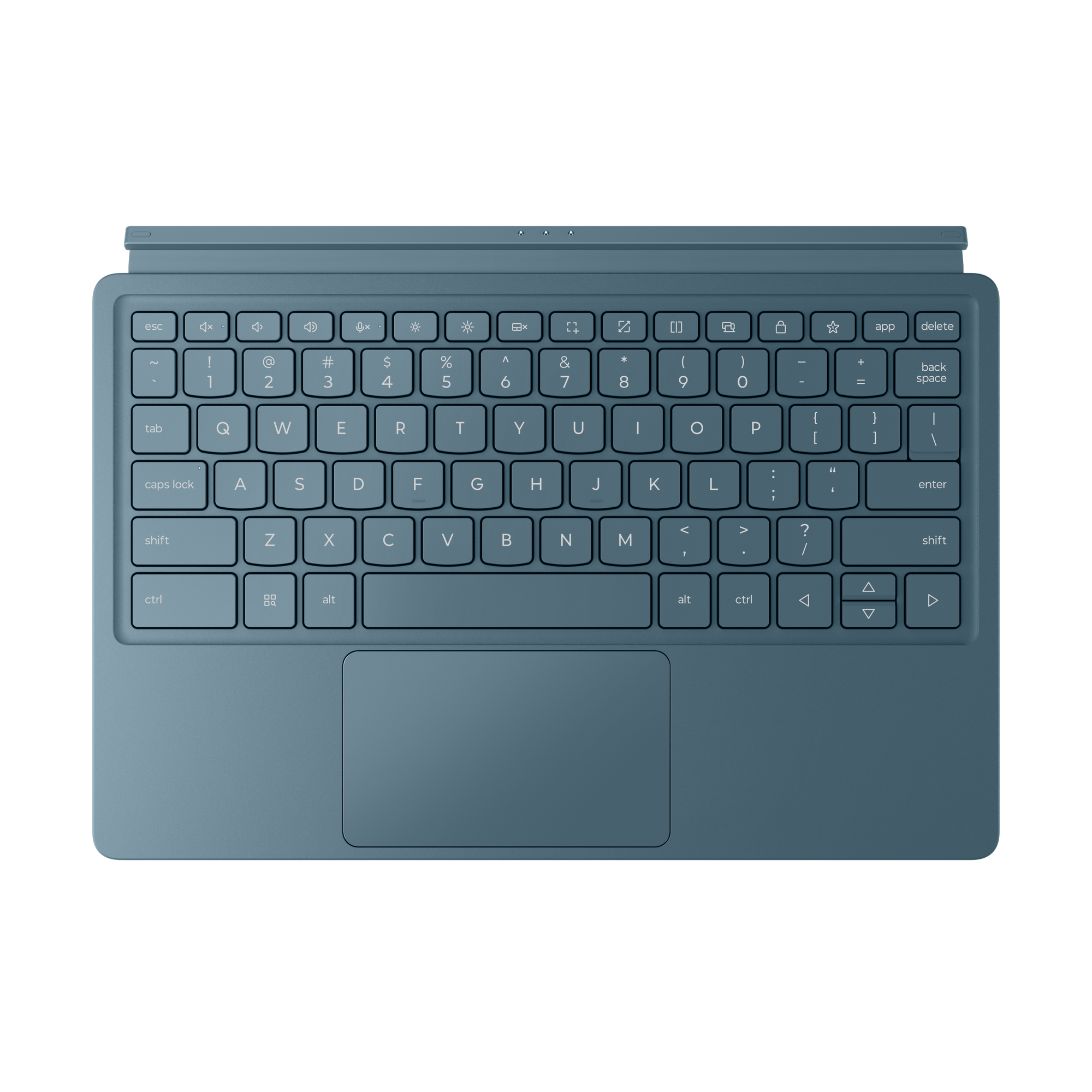 Niebieska nakładka klawiatury do tabletu z touchpadem i podświetlanymi klawiszami.