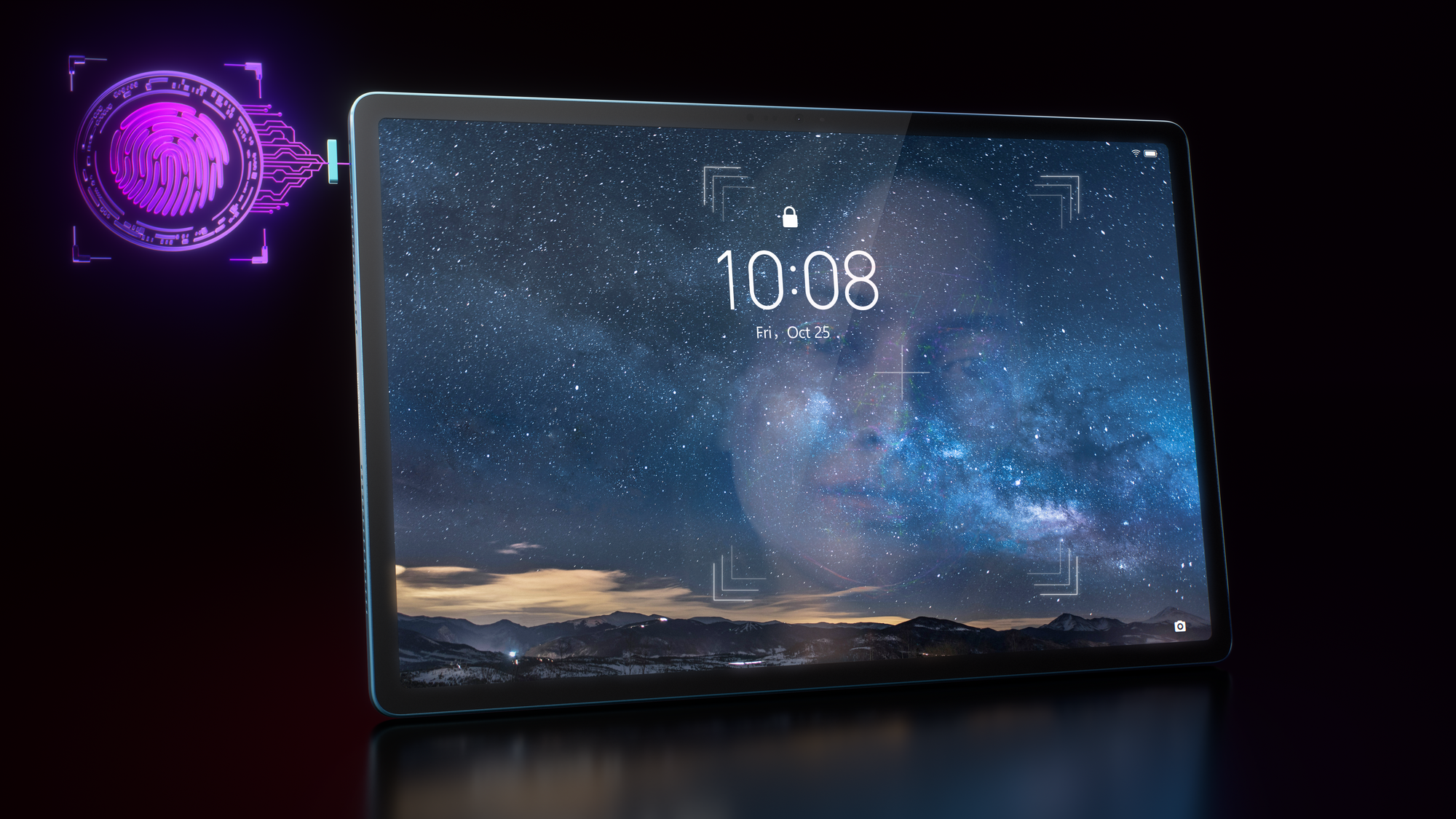 Tablet z tłem nieba gwiaździstego i skanerem linii papilarnych.