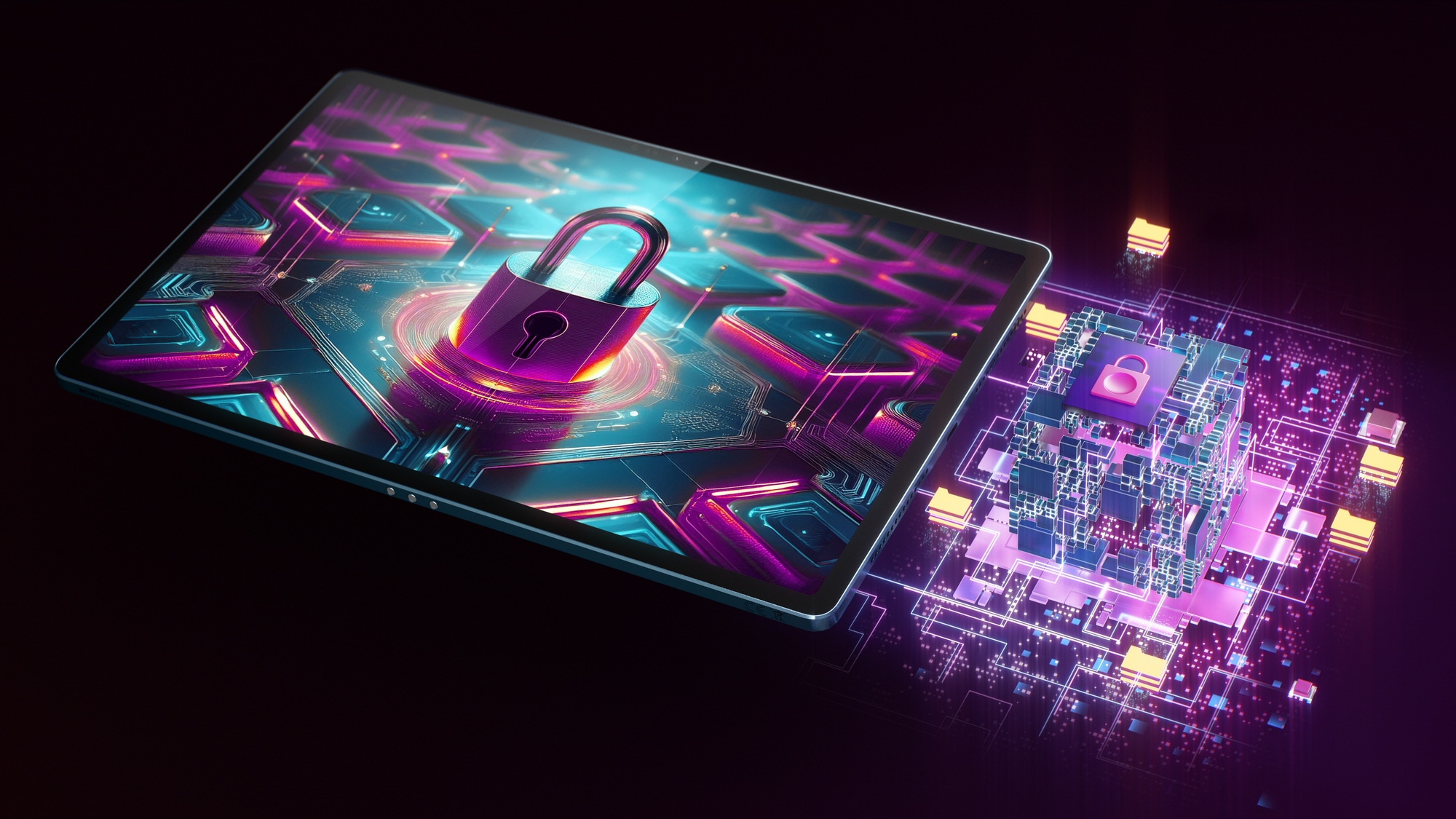 Tablet wyświetla fioletową kłódkę na płytce drukowanej. Dane płyną.