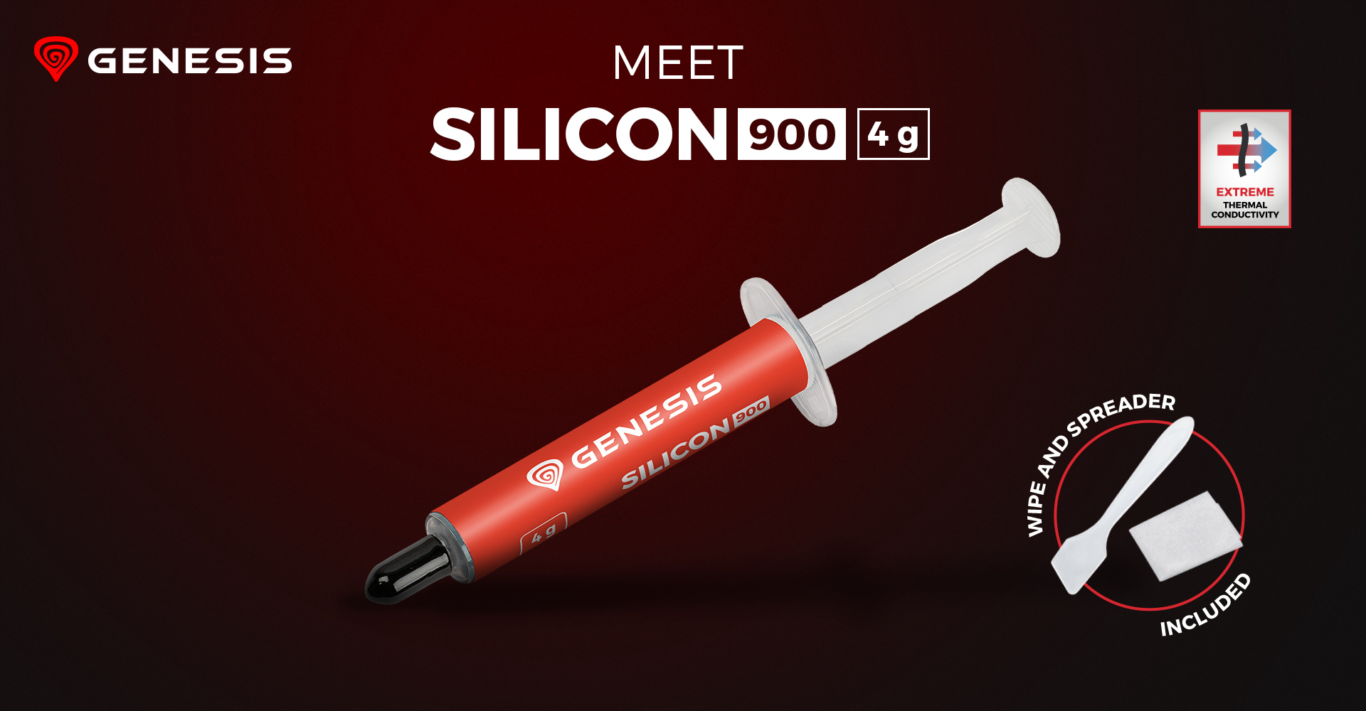 Czerwona strzykawka z GENESIS SILICON 900 4g i akcesoriami.