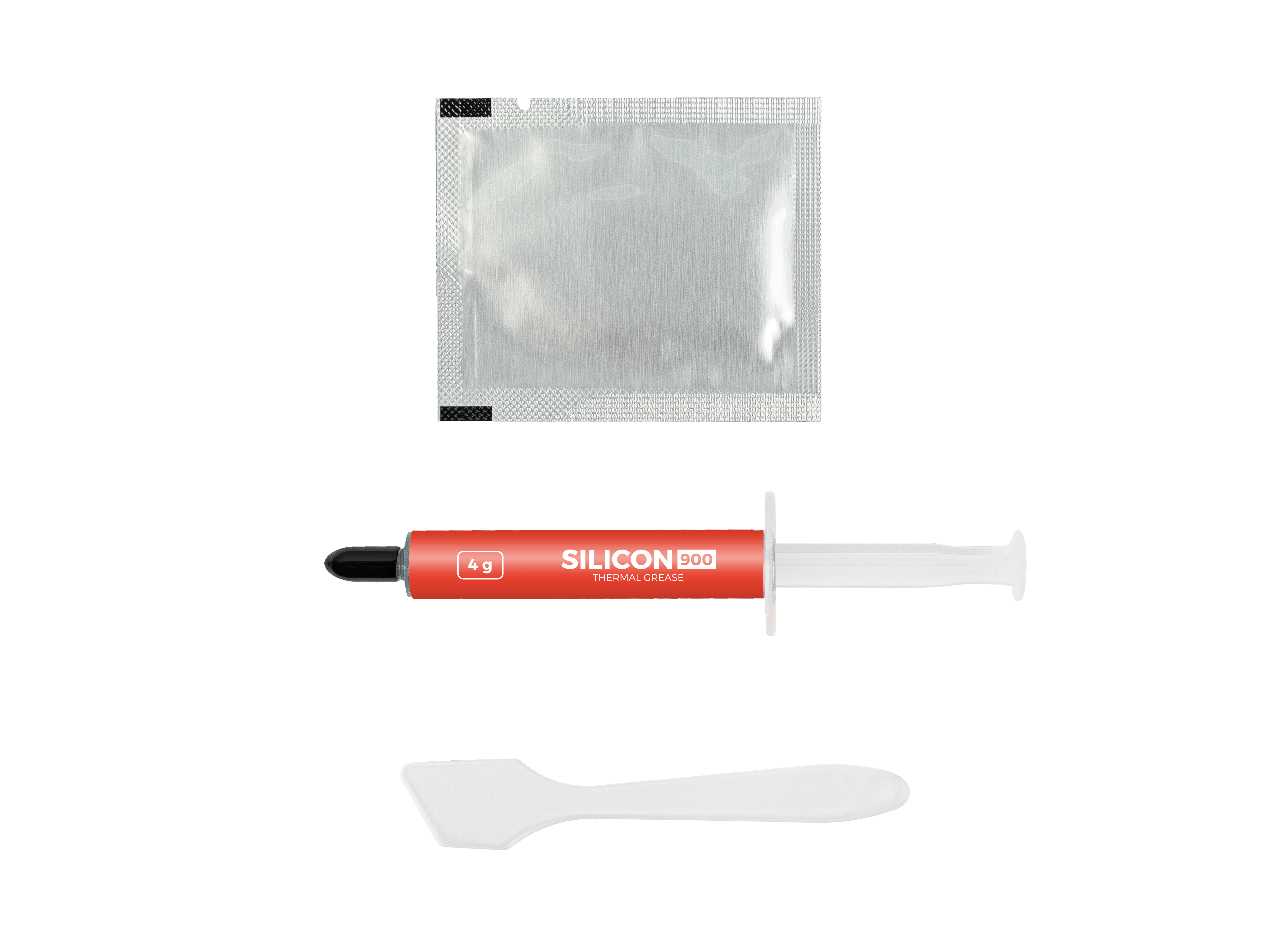 Pasta termoprzewodząca silikonowa w strzykawce z łopatką i saszetką.
