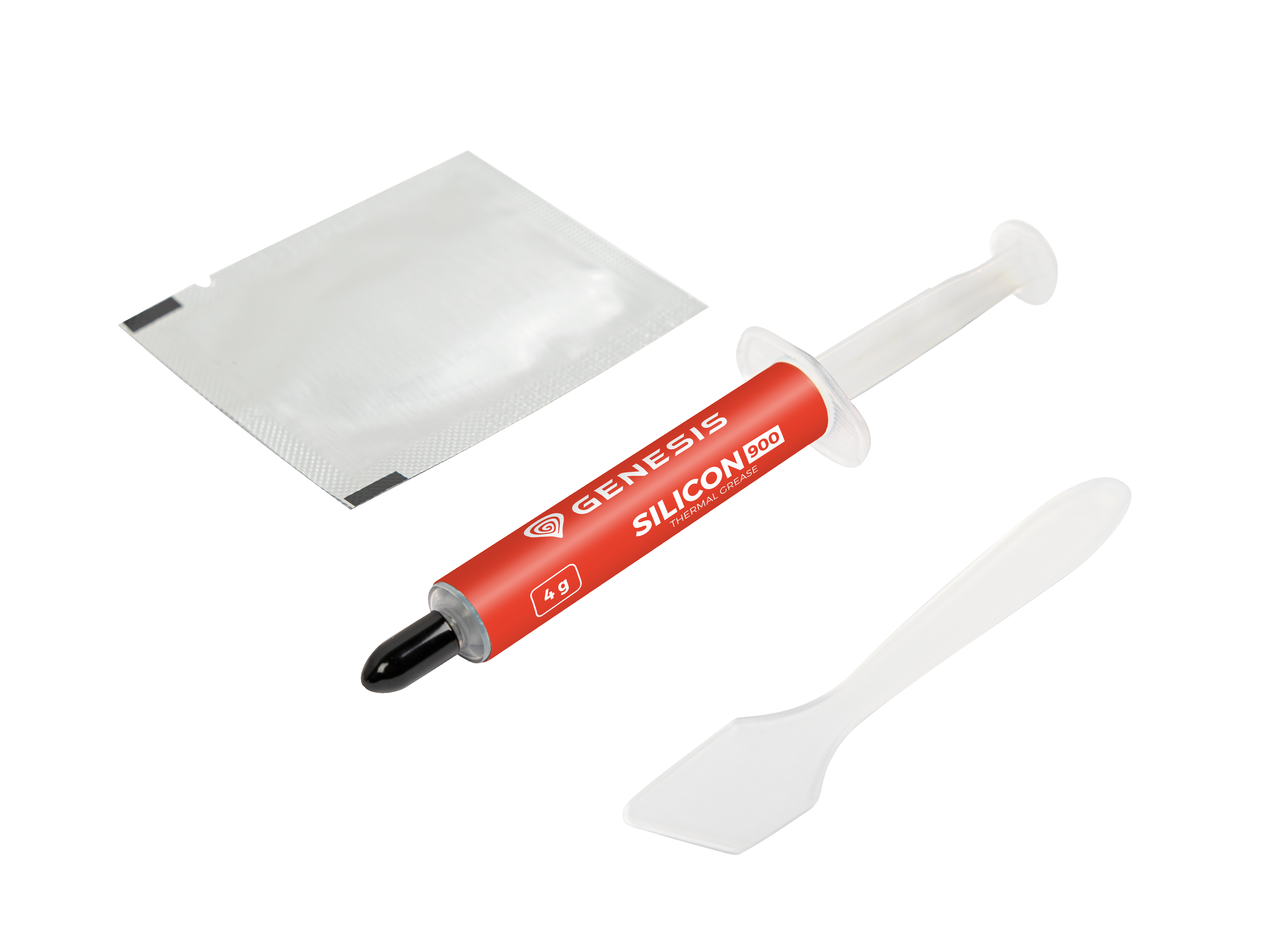 Czerwona strzykawka z pastą termoprzewodzącą, biała saszetka i szpatułka na czarnym tle.