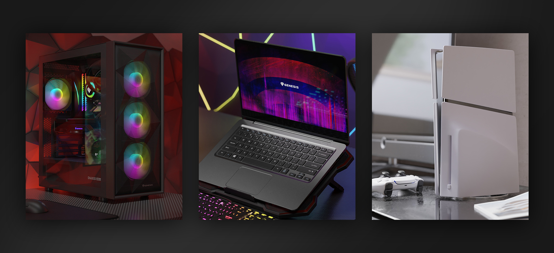 Komputer gamingowy z wentylatorami RGB, laptop i biała konsola z kontrolerem.