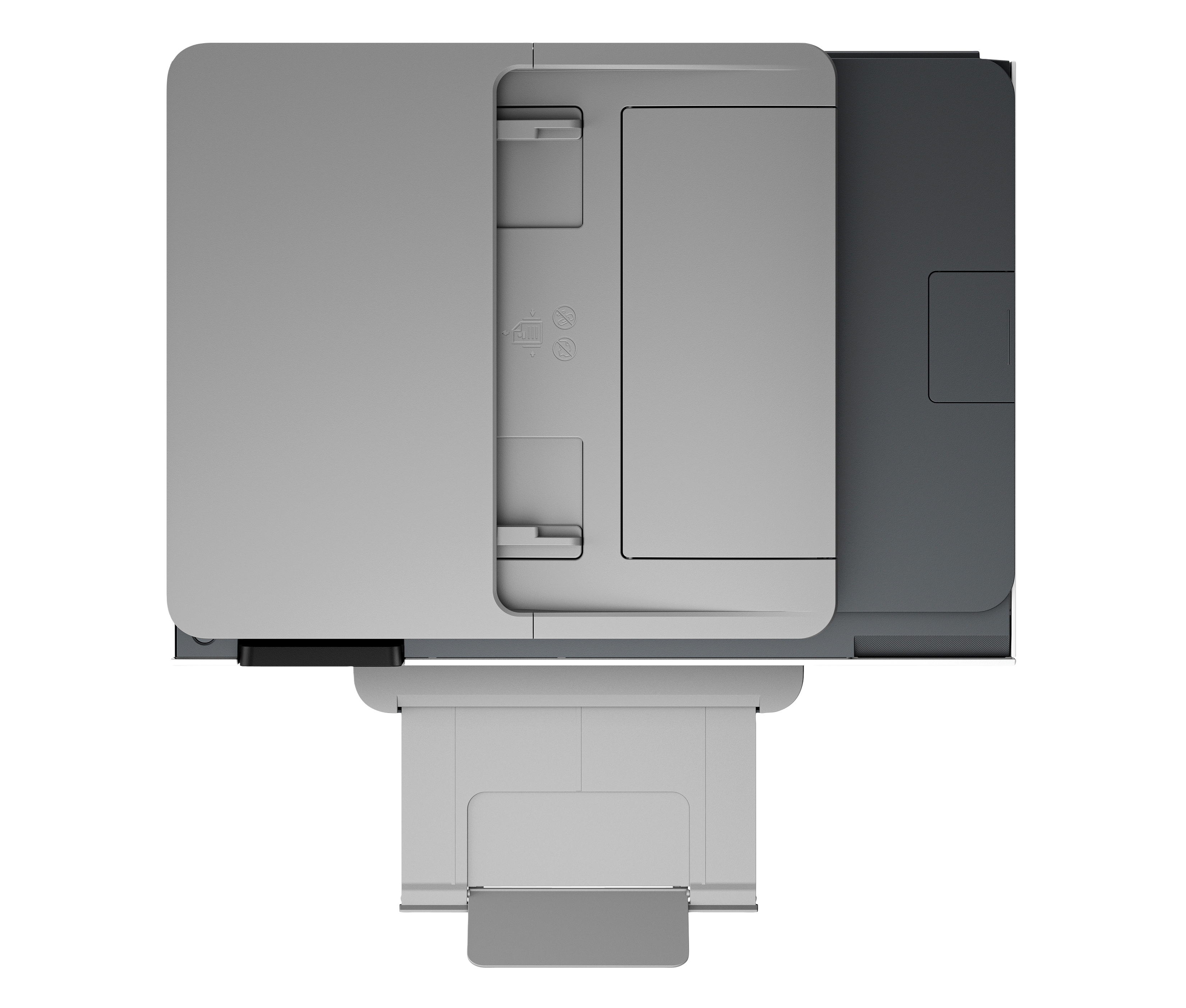 Widok z góry szarej drukarki wielofunkcyjnej z wysuniętą tacką odbiorczą.