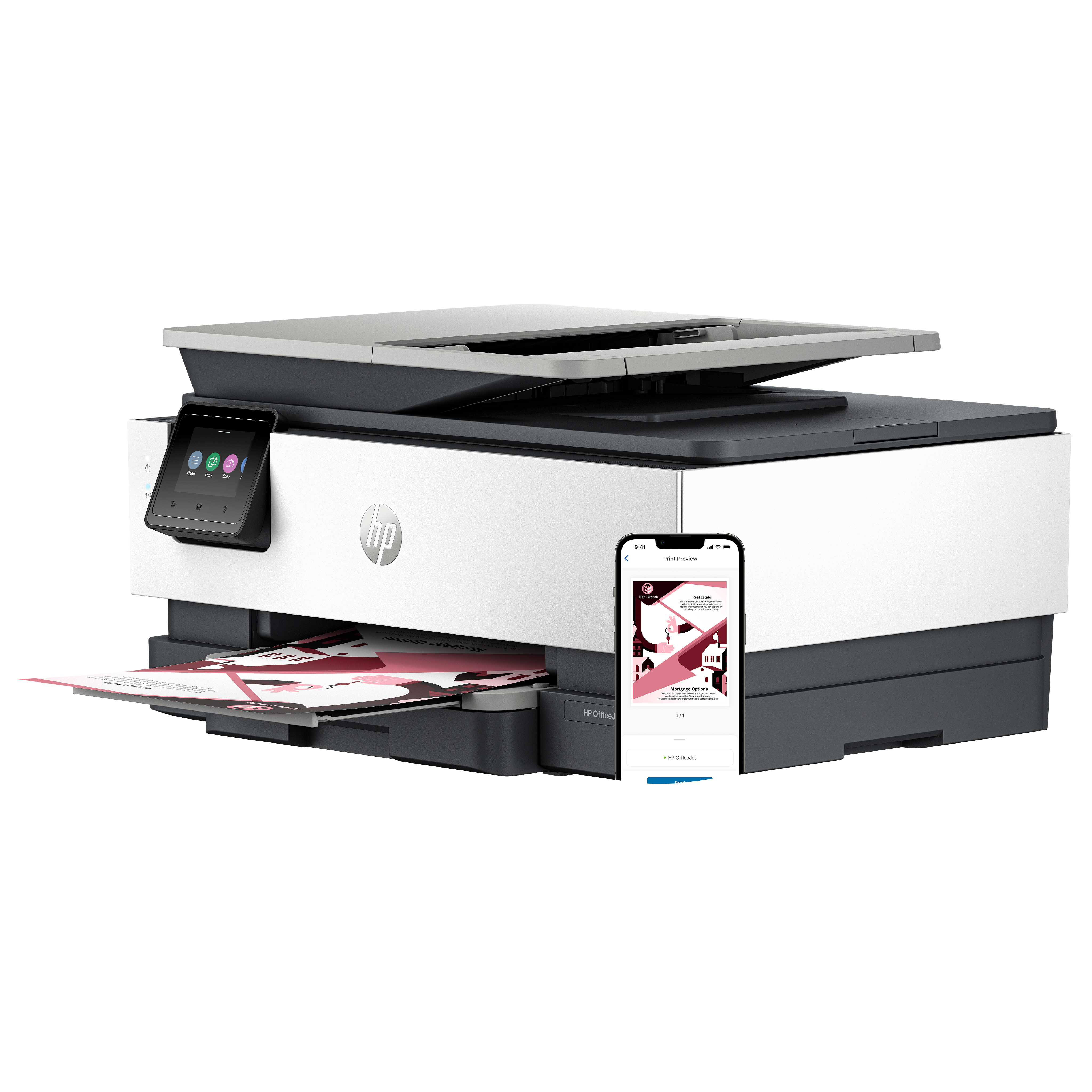 Biało-szara drukarka HP OfficeJet z ekranem dotykowym i podglądem na telefonie.