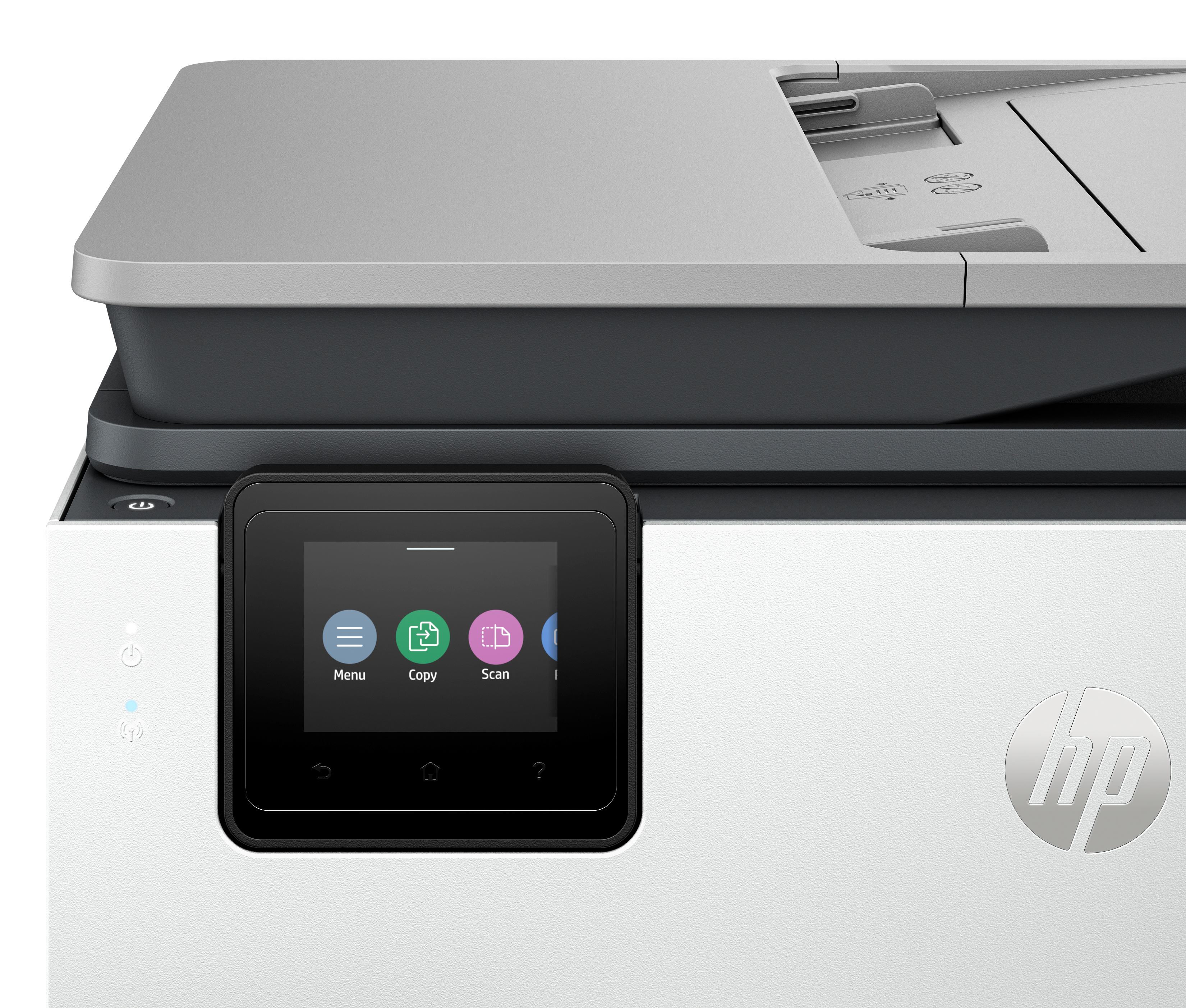 Biała drukarka HP z ekranem dotykowym wyświetlającym ikony Menu, Kopiuj i Skanuj.