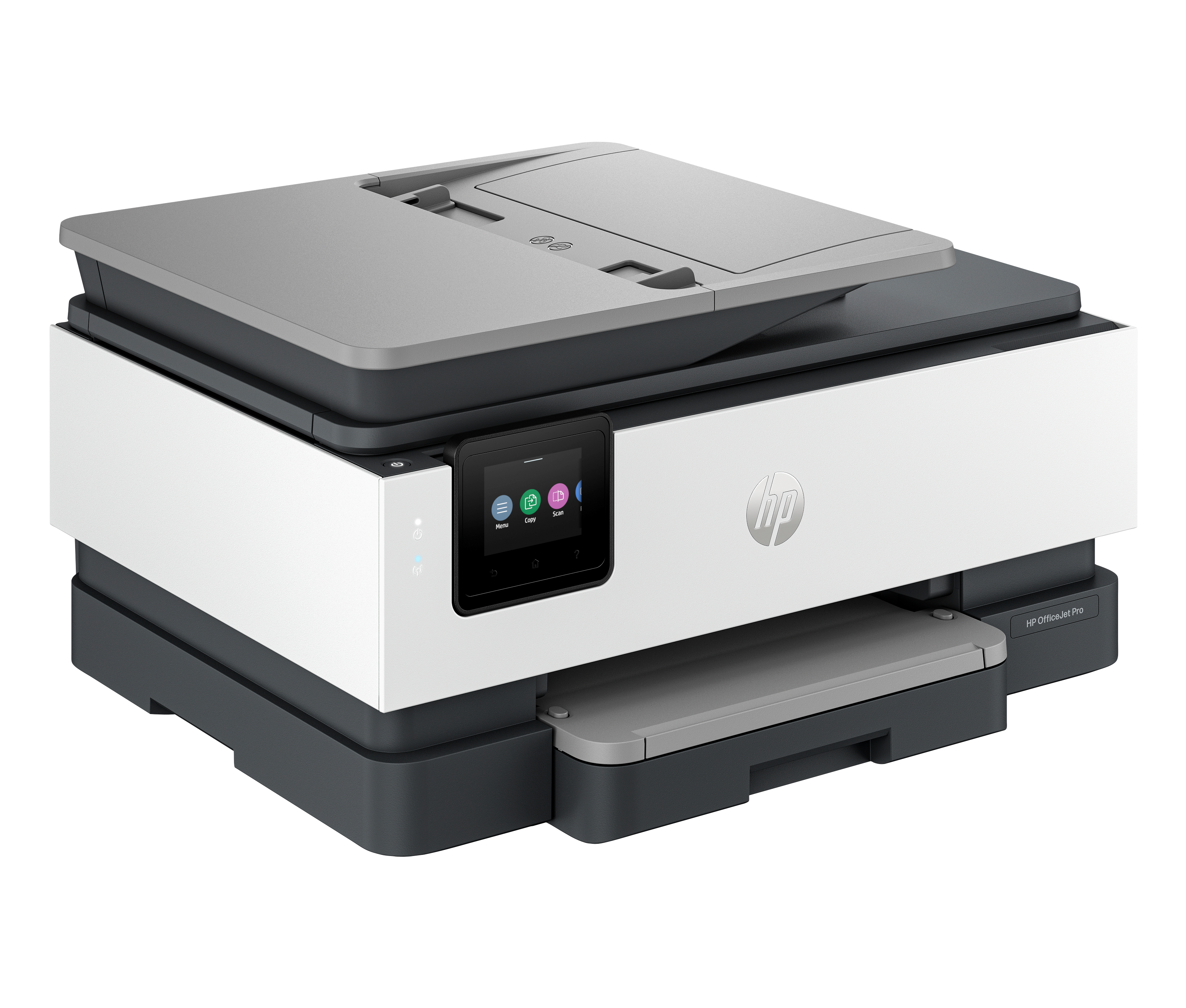 Nowoczesna, biało-szara drukarka HP OfficeJet Pro z ekranem dotykowym.