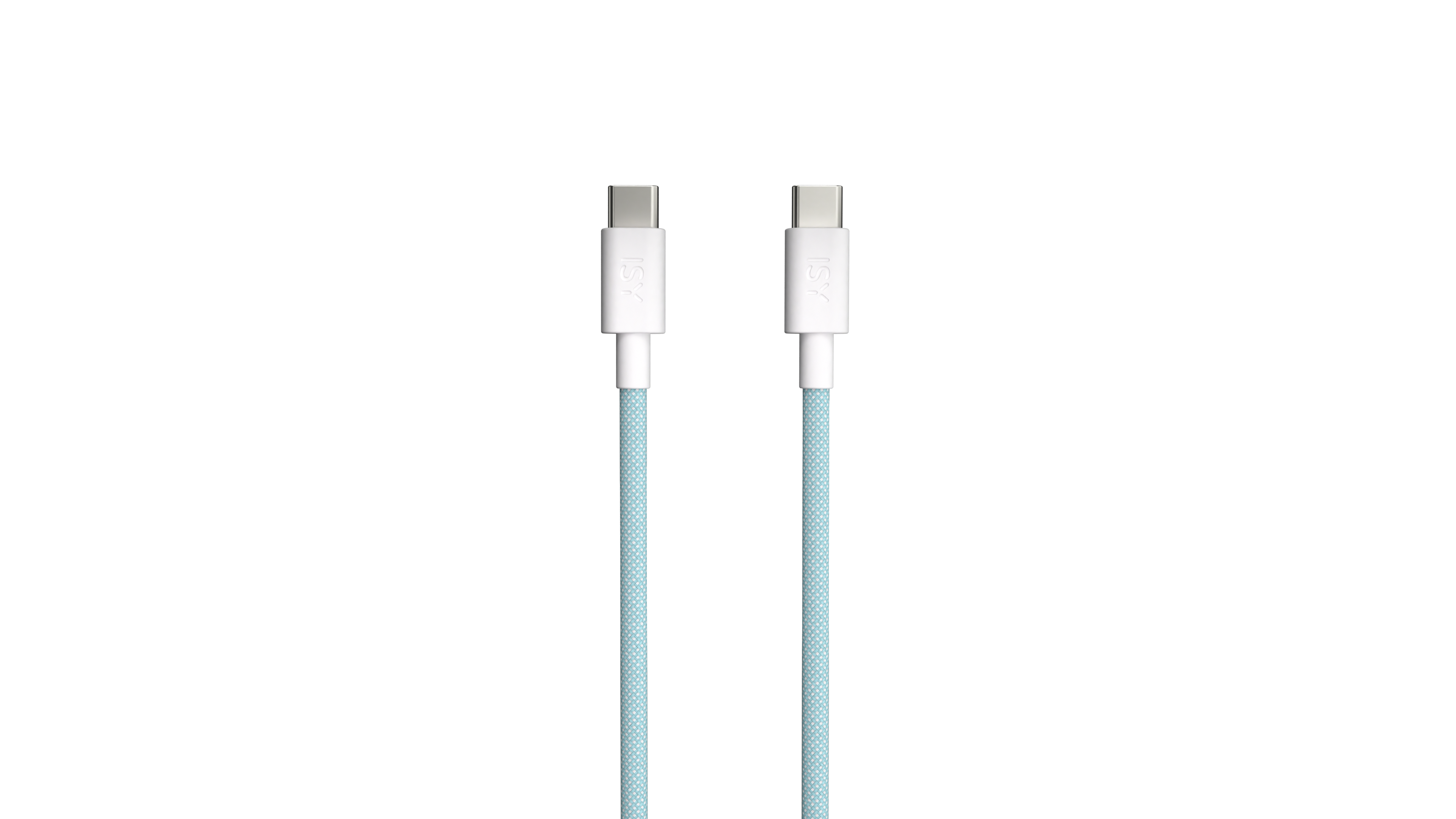 Dwa białe kable USB-C z niebiesko-białym plecionym przewodem na czarnym tle.