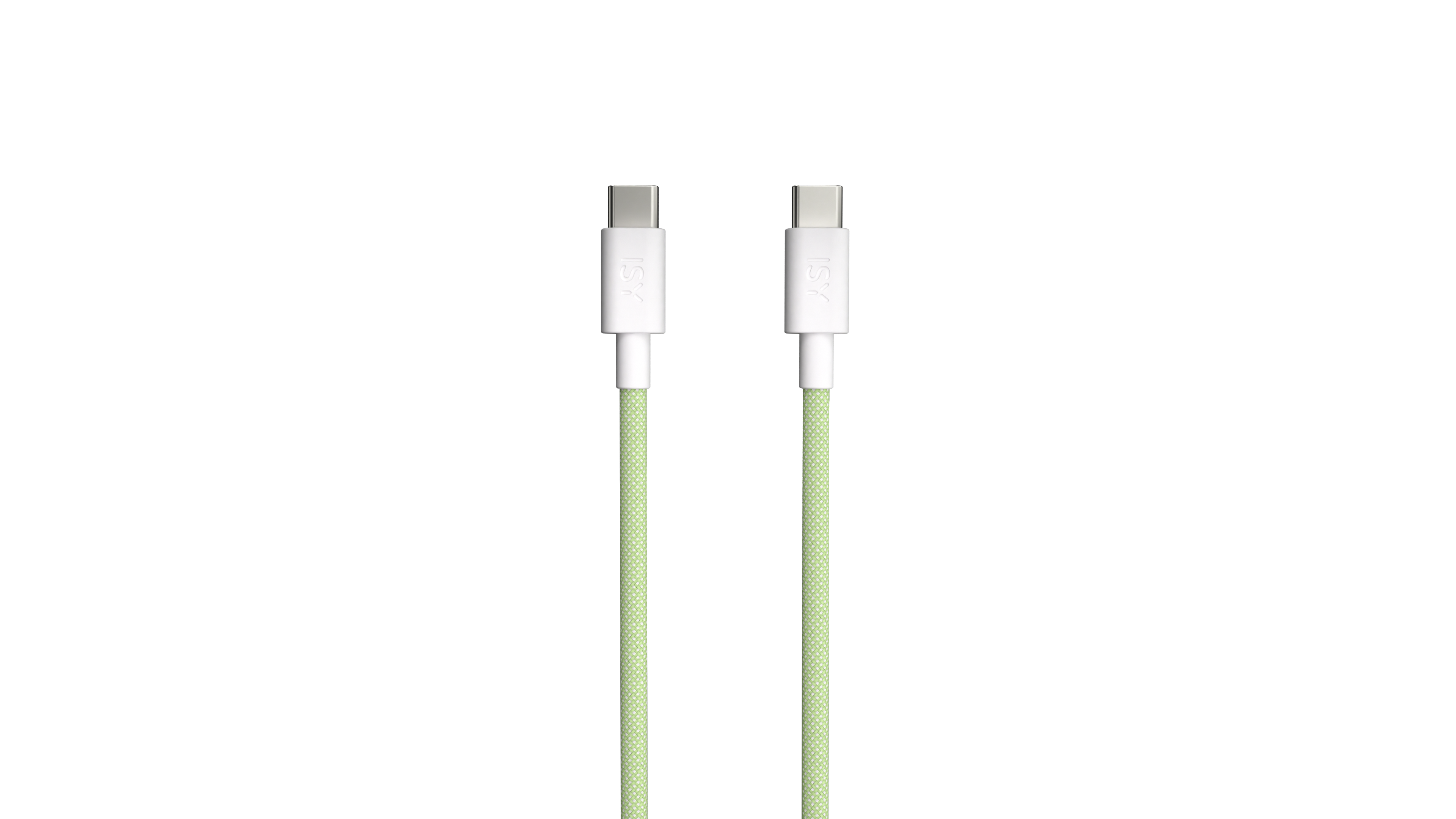Dwa białe kable USB-C z zielonym oplotem leżą pionowo na czarnym tle.