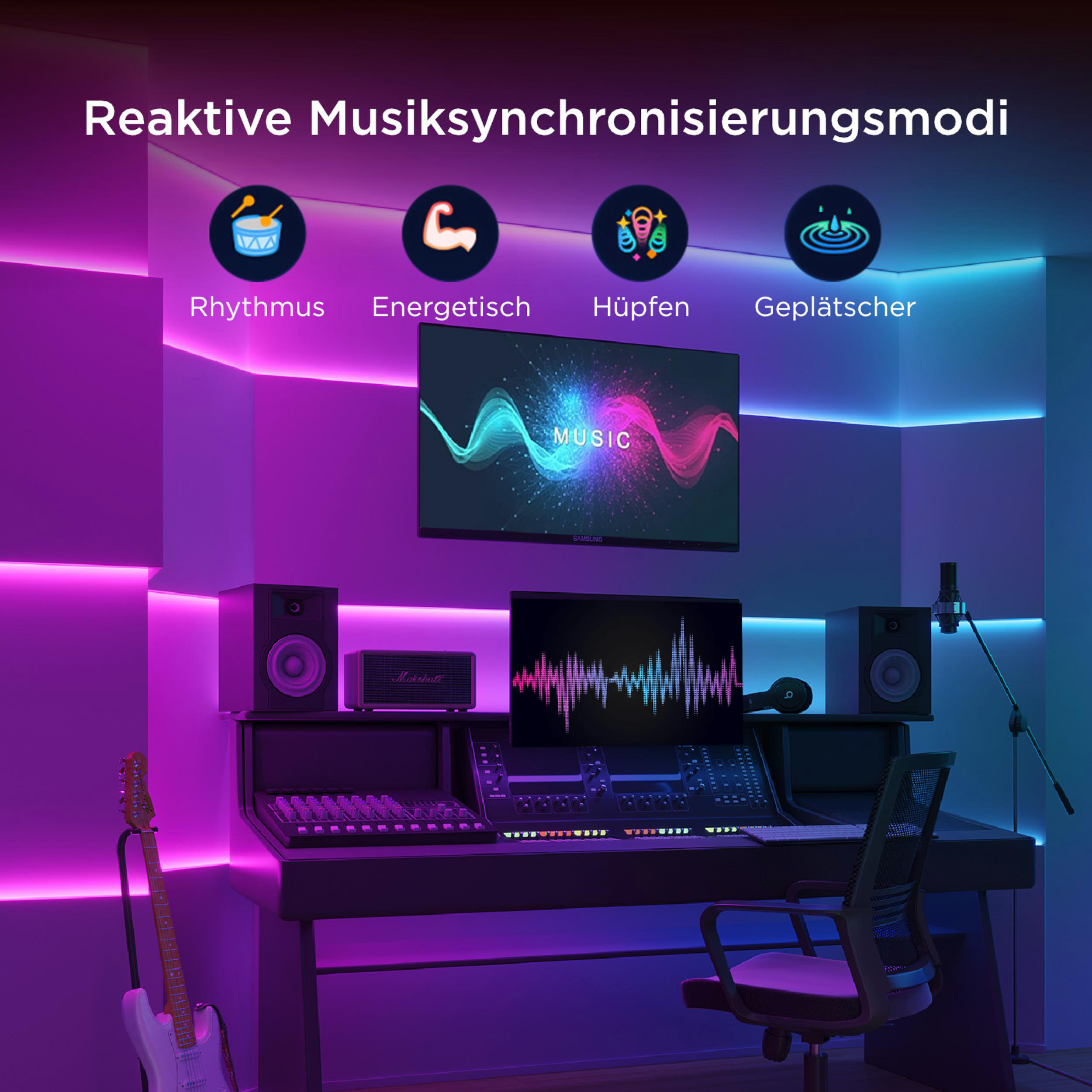 Musikstudio mit Mischpult, Gitarre, Mikrofon, Lautsprechern und Lichteffekten.