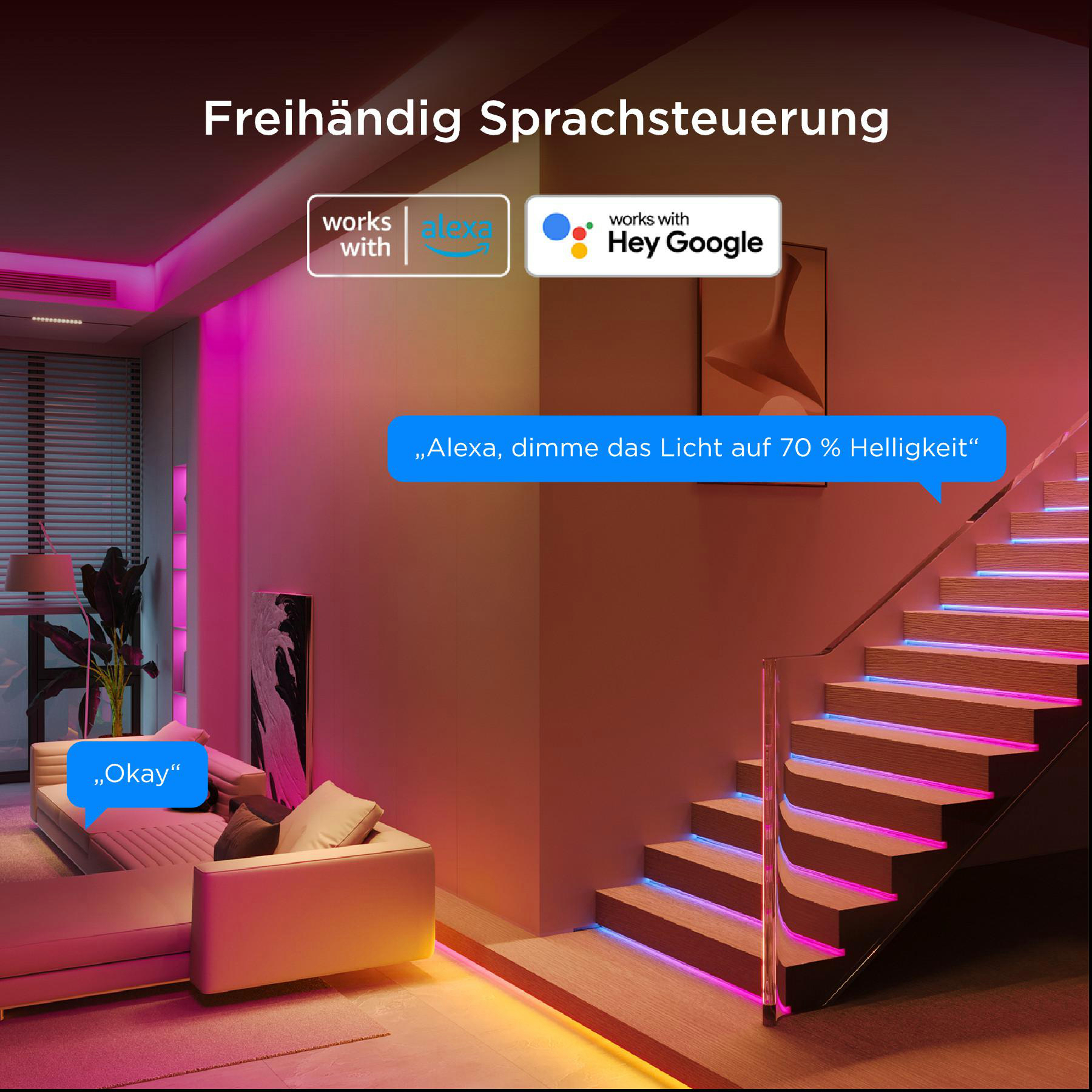 Ein Wohnzimmer mit beleuchteten Treppen, Sofas und Sprachsteuerungssymbolen.