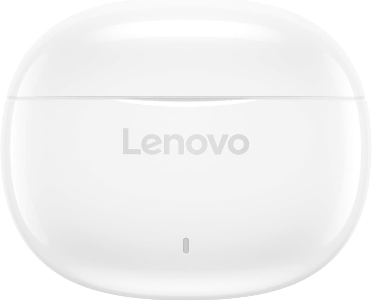 Fehér Lenovo fülhallgató töltőtok ezüst logóval és kis fénnyel.