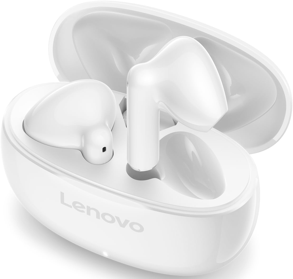 Fehér Lenovo fülhallgatók nyitott töltőtokban.