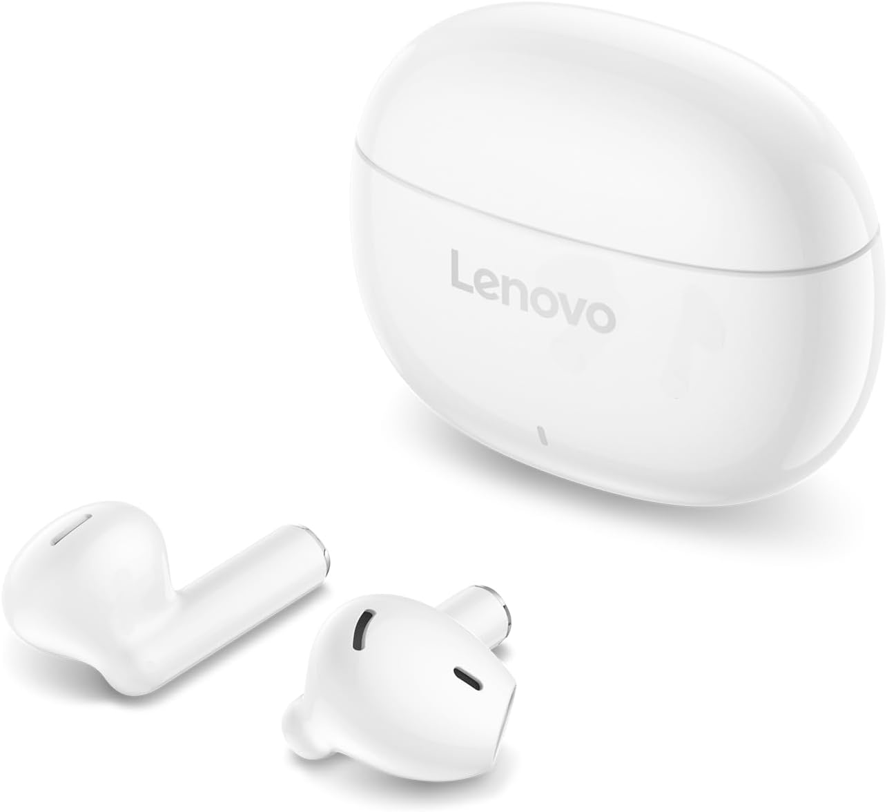 Fehér Lenovo fülhallgatók töltőtokkal fehér háttéren.