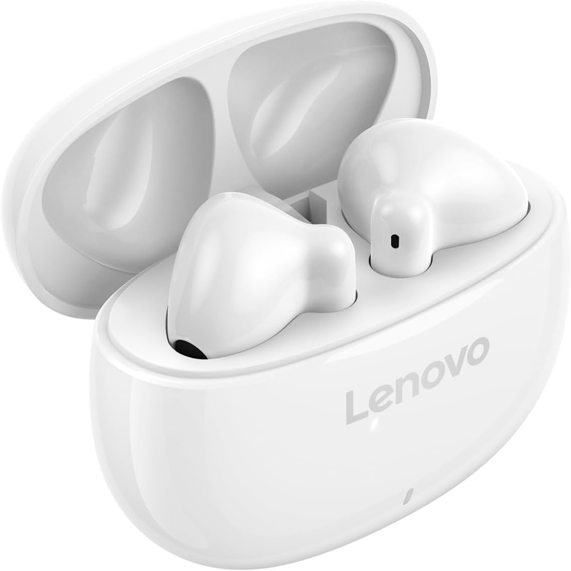 Fehér Lenovo fülhallgatók nyitott töltőtokban.