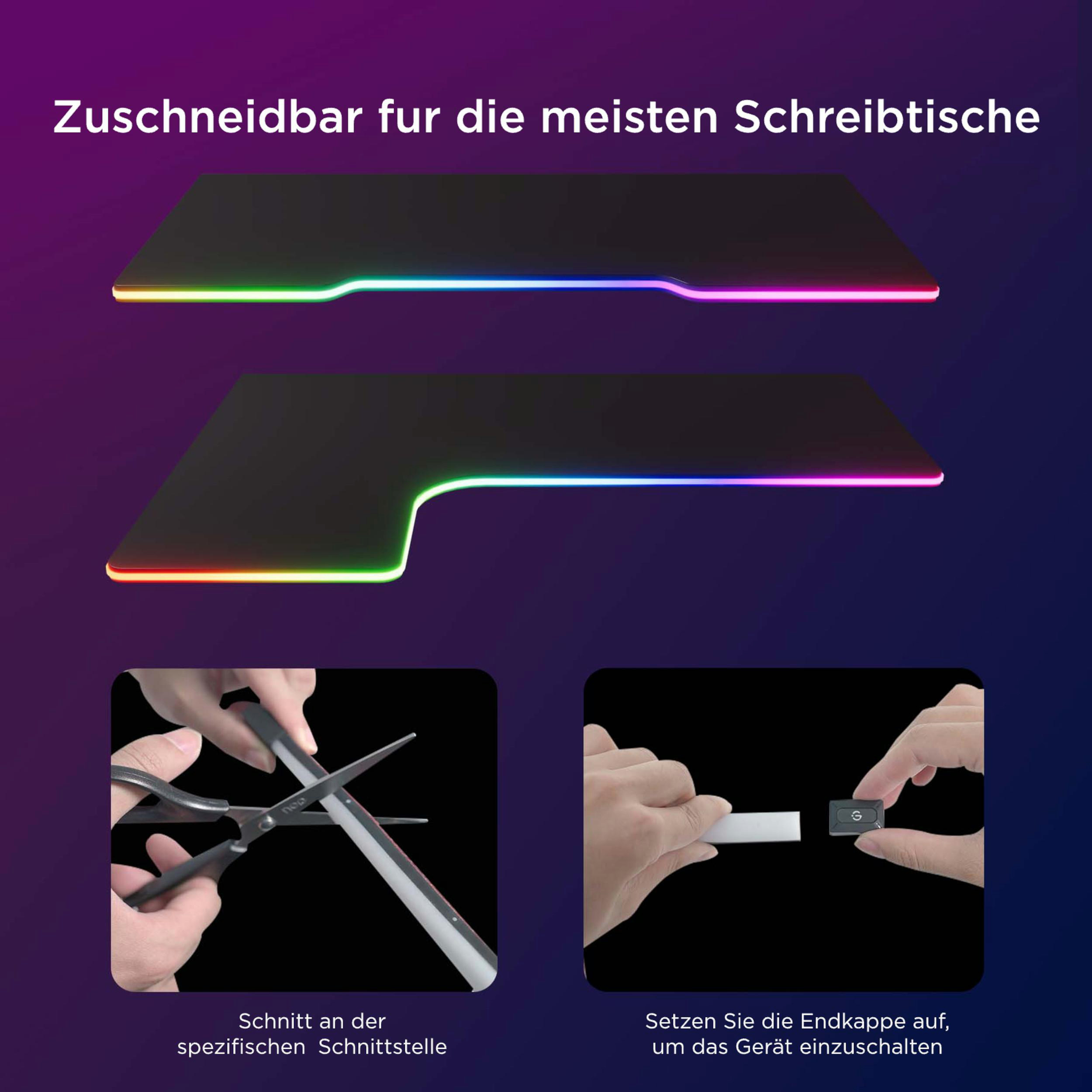 Zwei schwarze Schreibtischunterlagen mit RGB-Beleuchtung. Unten: Schere schneidet, Kappe wird aufgesetzt.