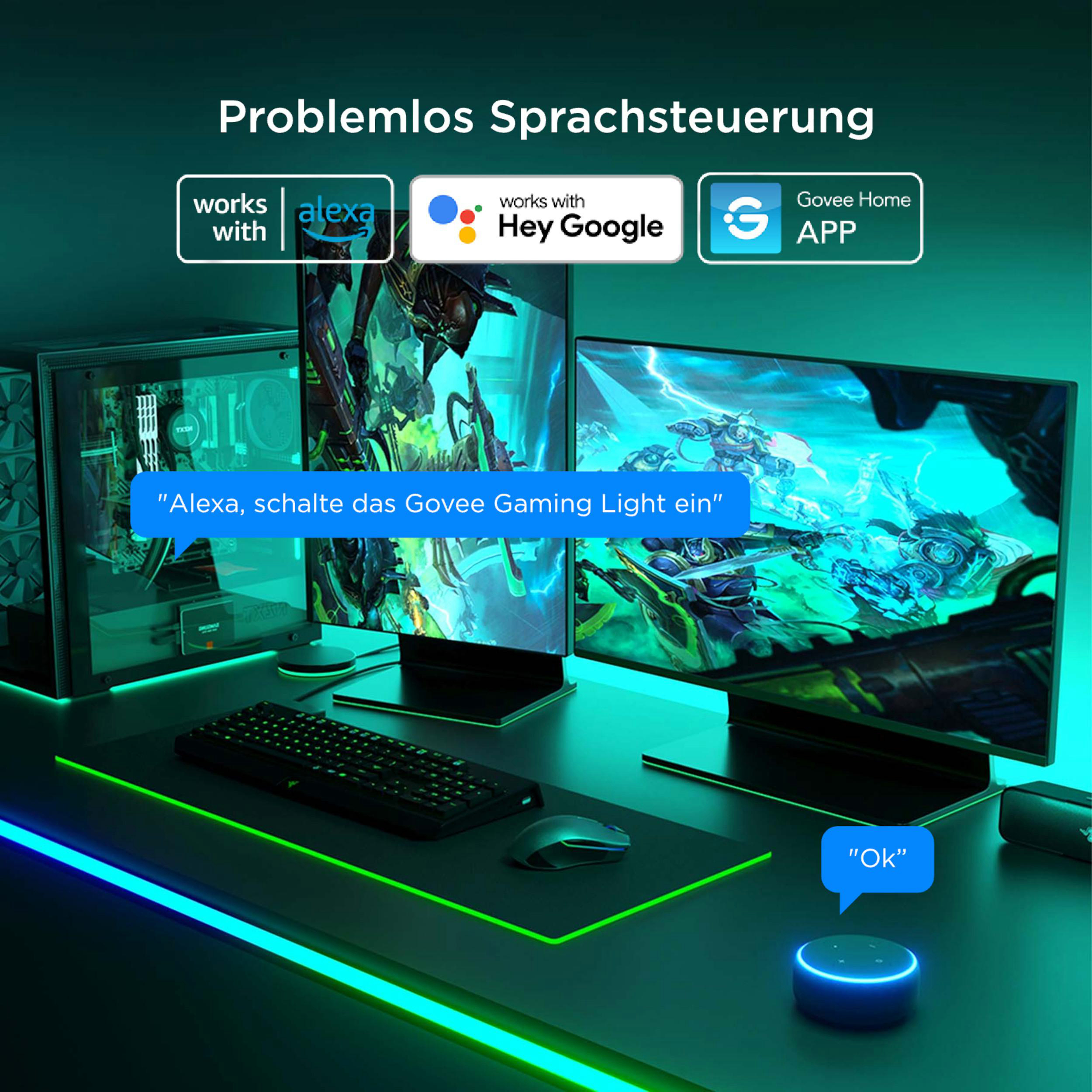 Gaming-Setup mit RGB-Beleuchtung, PC, Monitoren, Tastatur, Maus und Sprachassistent.