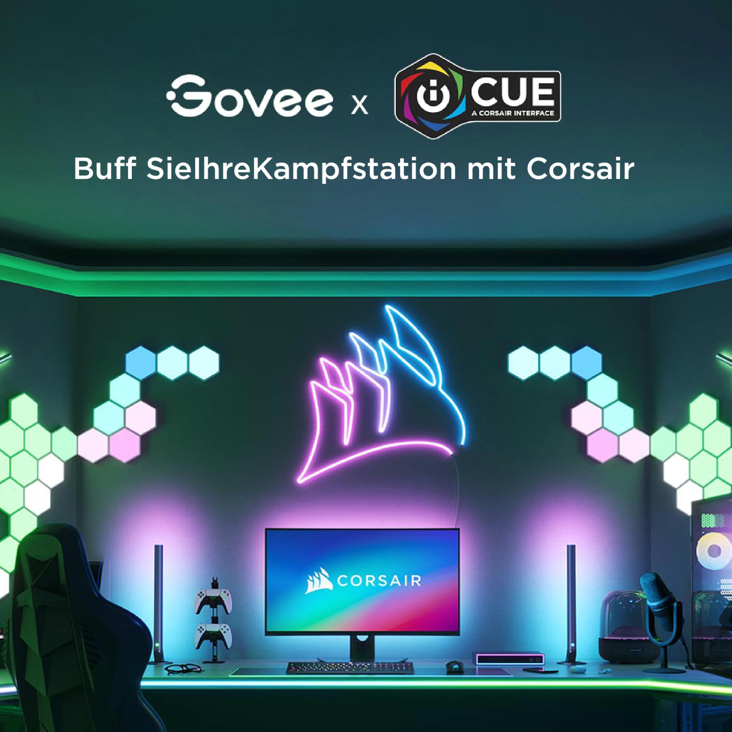 Ein Gaming-Setup mit Corsair-Logo-Neonlicht, RGB-Hex-Paneelen und einem beleuchteten Schreibtisch.