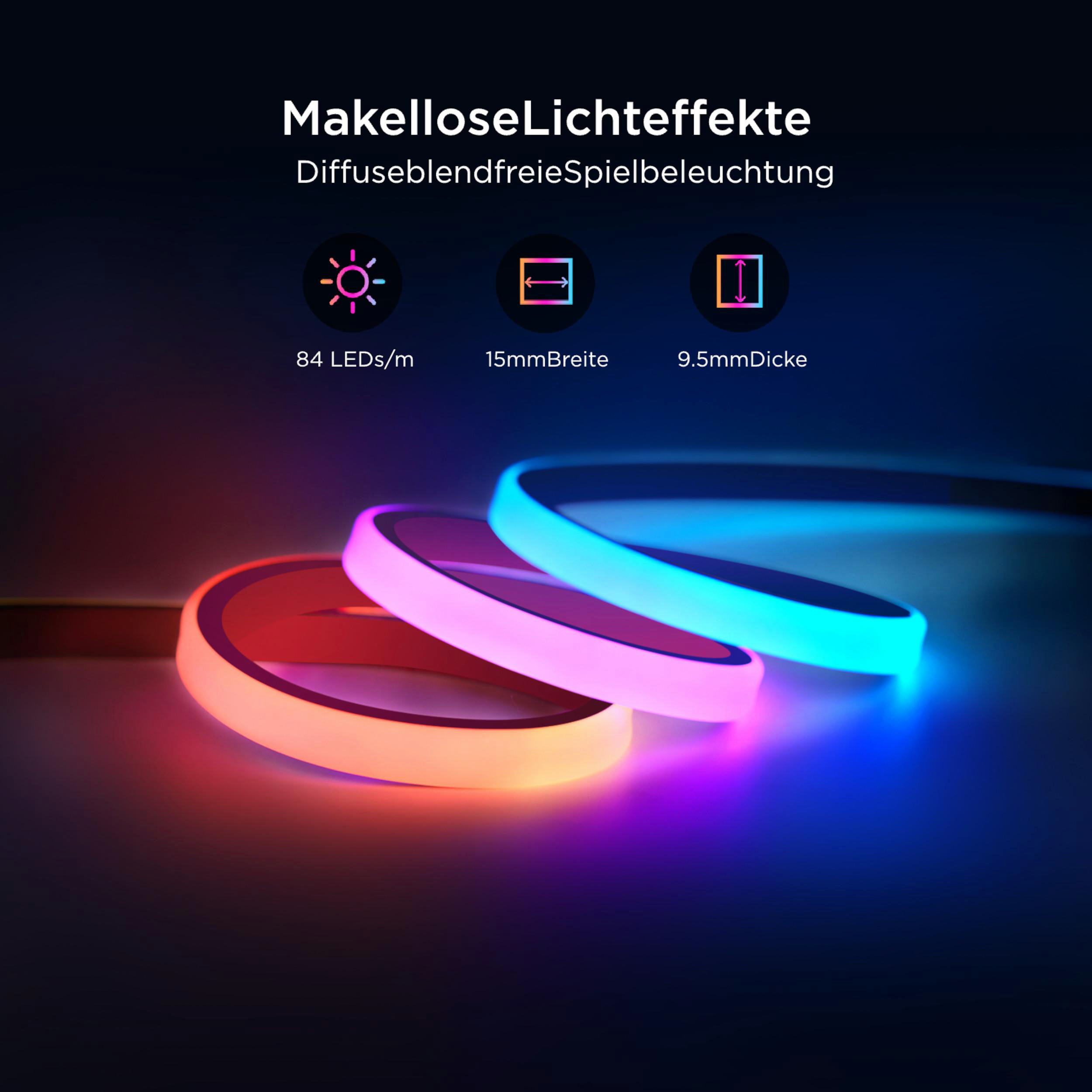 Drei leuchtende Ringe in Rot, Lila und Blau auf dunklem Hintergrund.