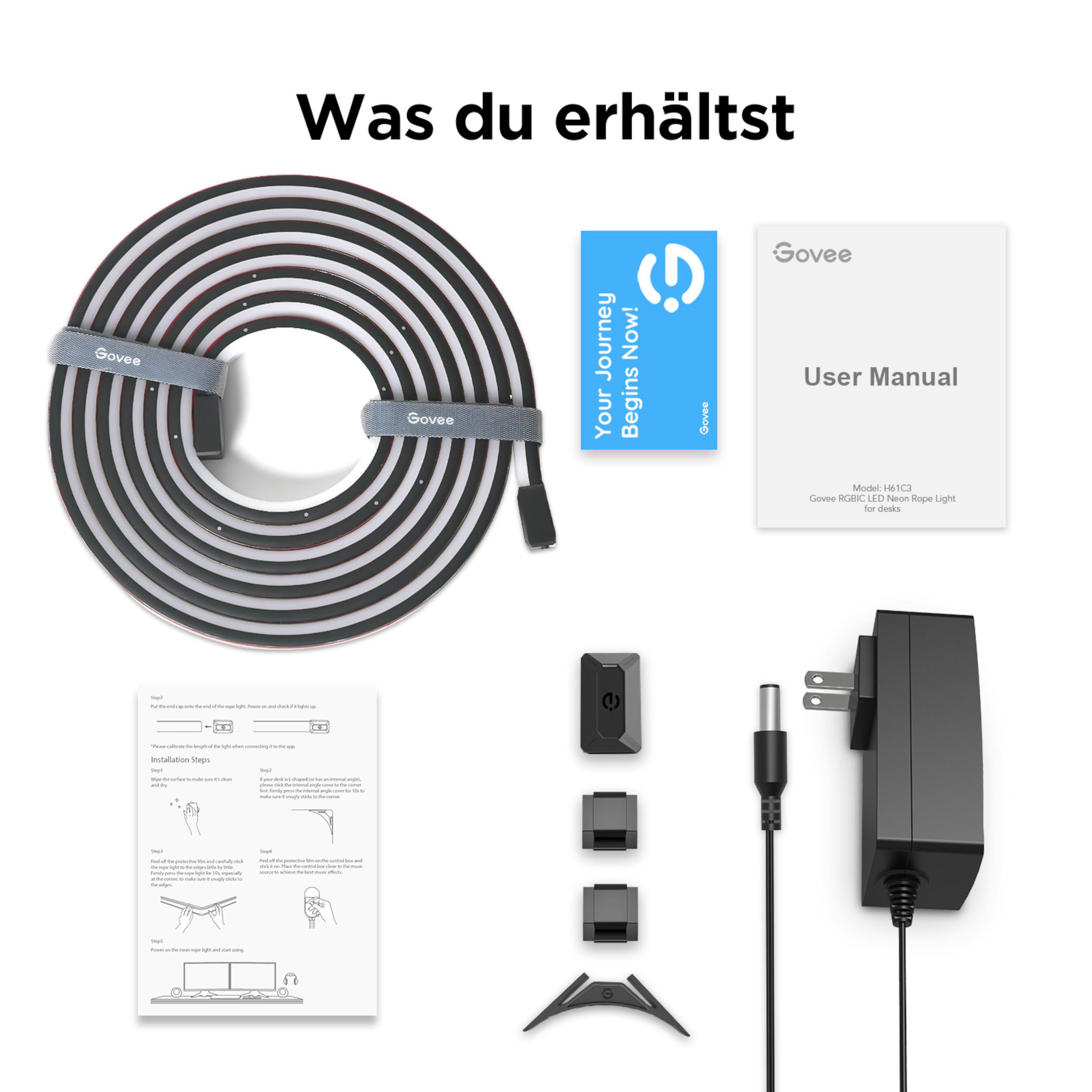 Govee Neon Seilleuchte mit Netzteil, Anleitung und Zubehör.