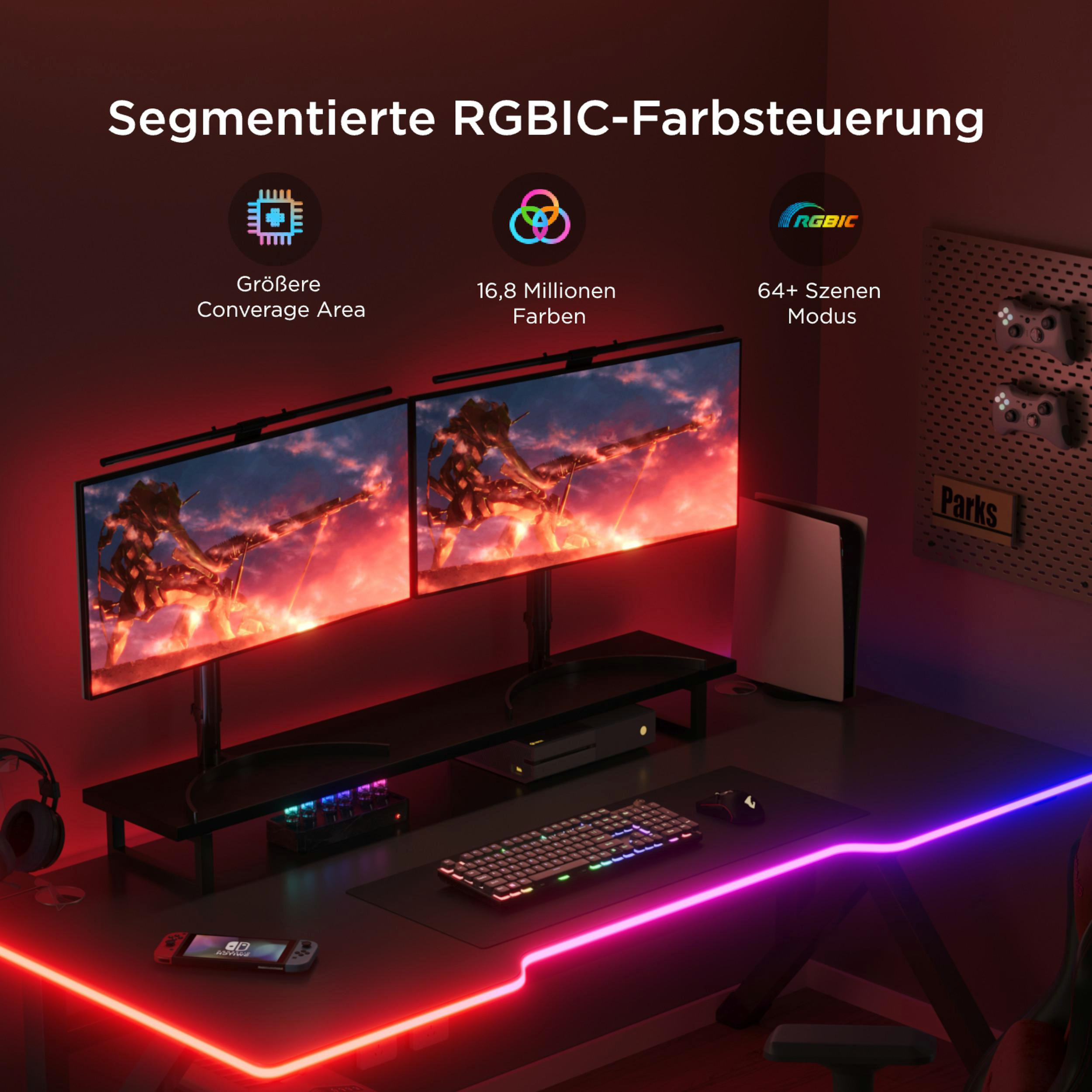 Gaming-Setup mit zwei Monitoren, Tastatur, Maus, Controller und RGB-Beleuchtung.