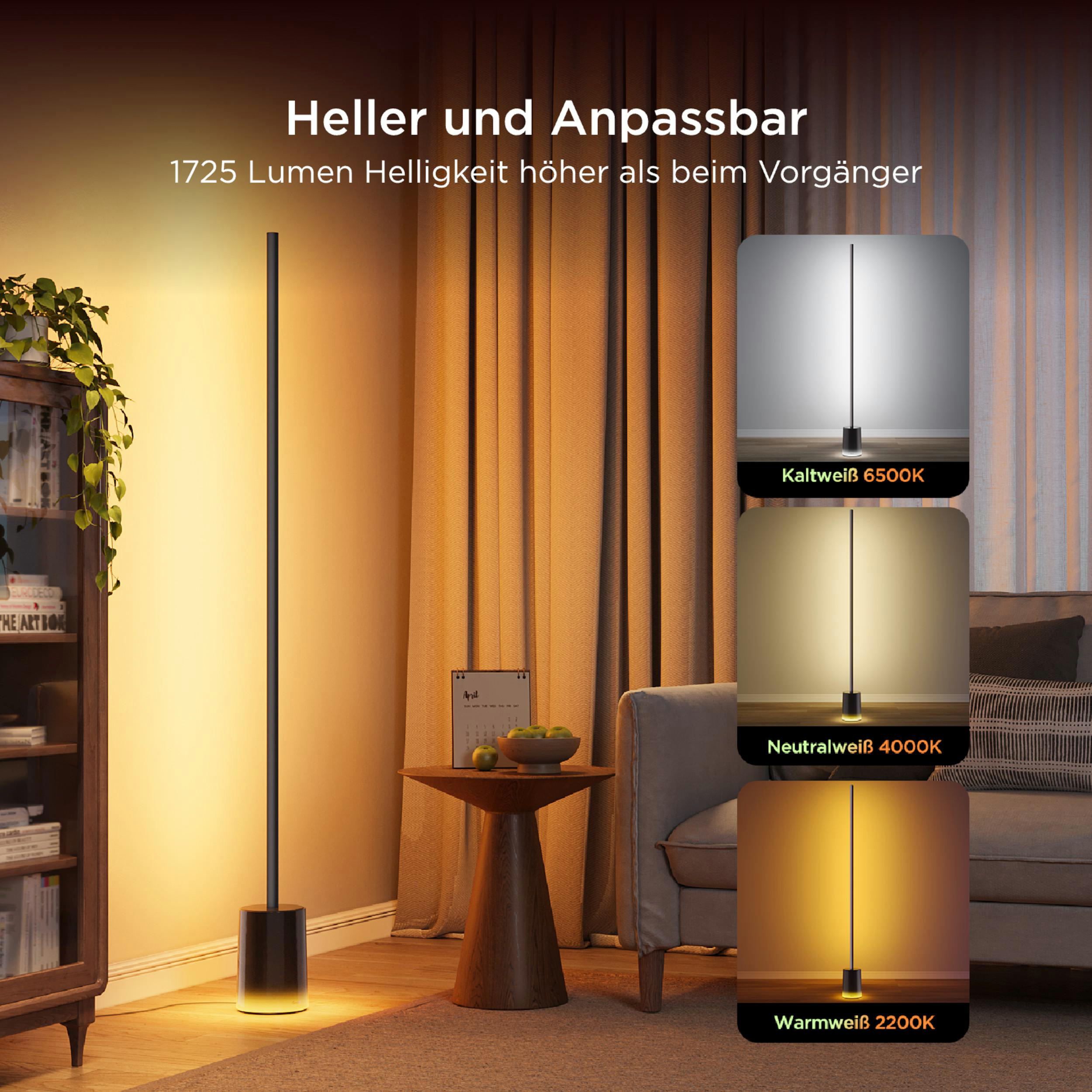 Schwarze Stehlampe mit einstellbarer Helligkeit in verschiedenen Farbtemperaturen.