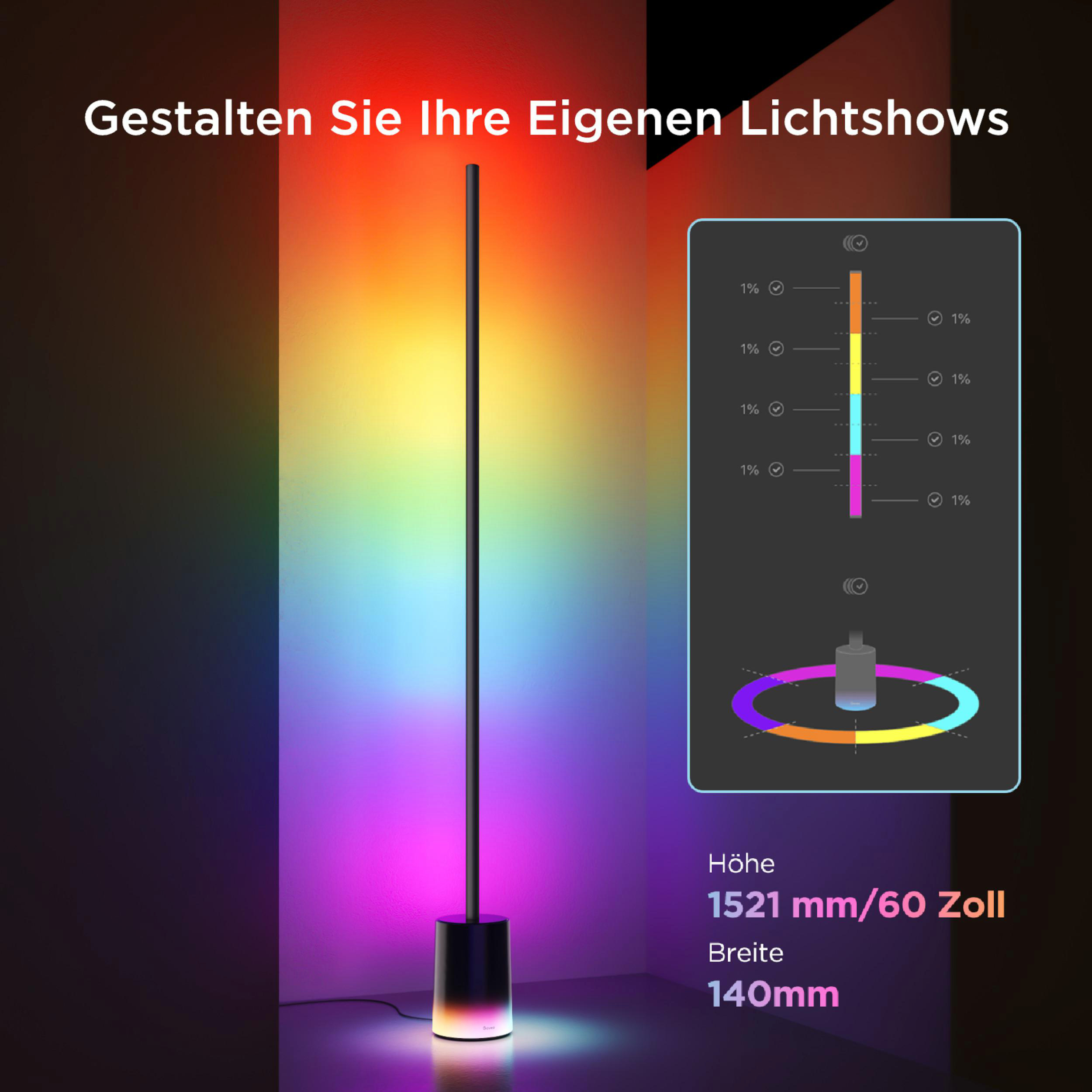 Ein langer, schlanker Stehlampe wirft buntes Licht. Ein Diagramm zeigt Farben und Maße.
