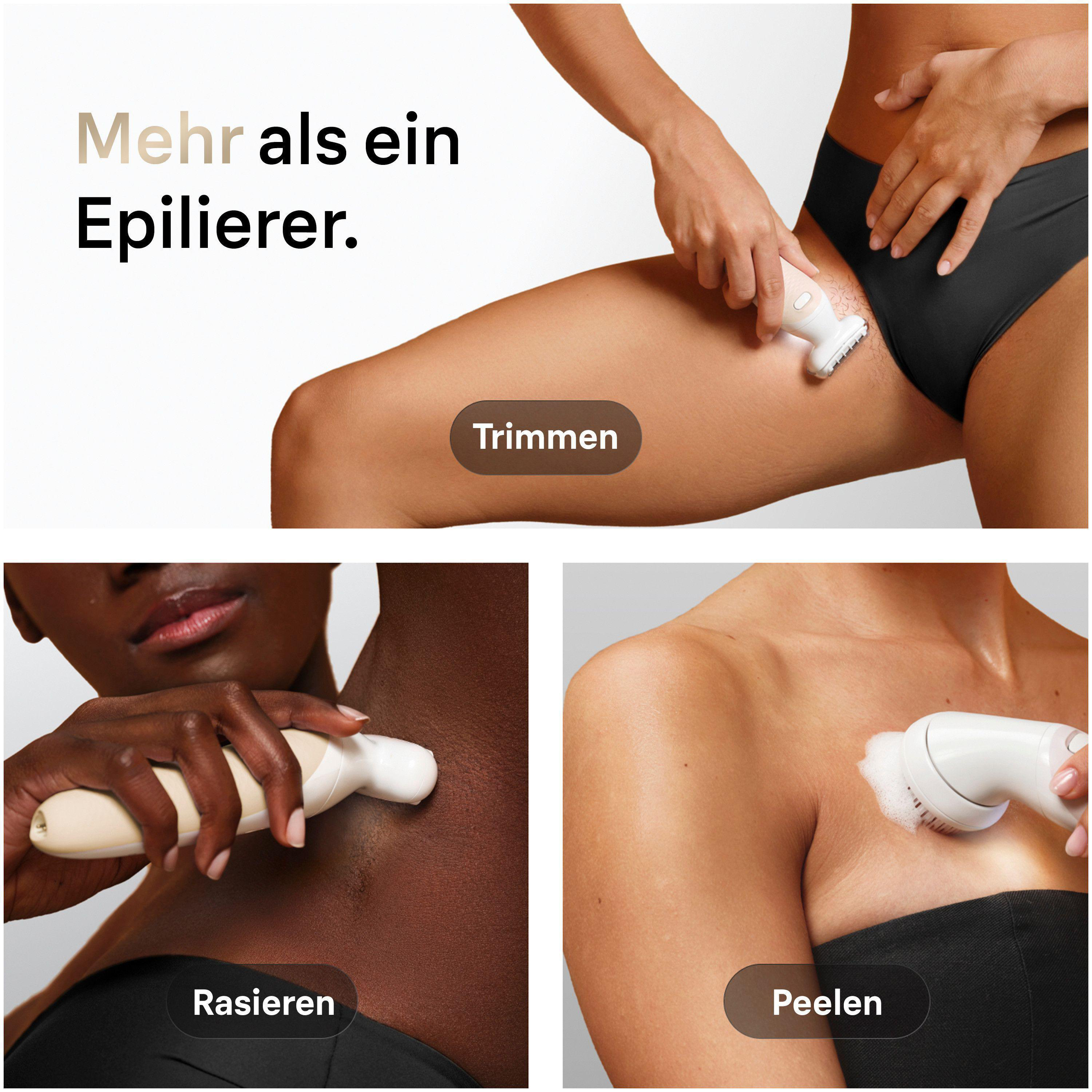 Drei Tafeln zeigen eine Frau, die ihren Bikinibereich trimmt, eine Frau, die sich die Achsel rasiert, und eine Frau, die ihre Brust peelt.
