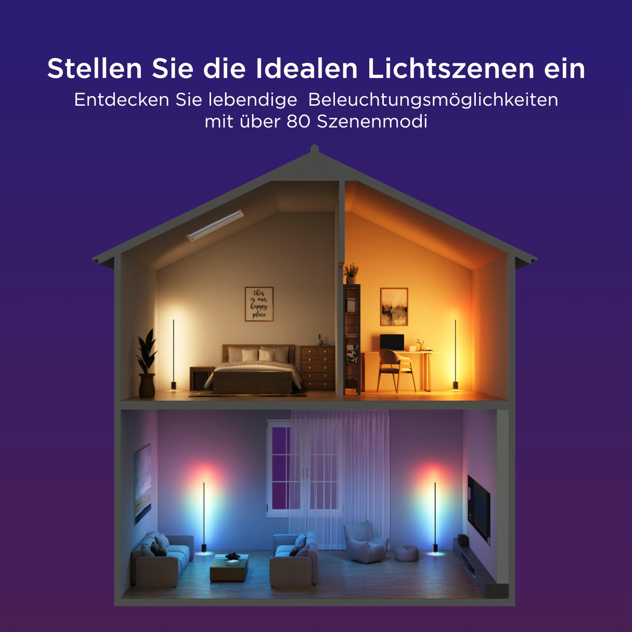 Haus mit beleuchteten Räumen: Schlafzimmer, Büro und Wohnzimmer.