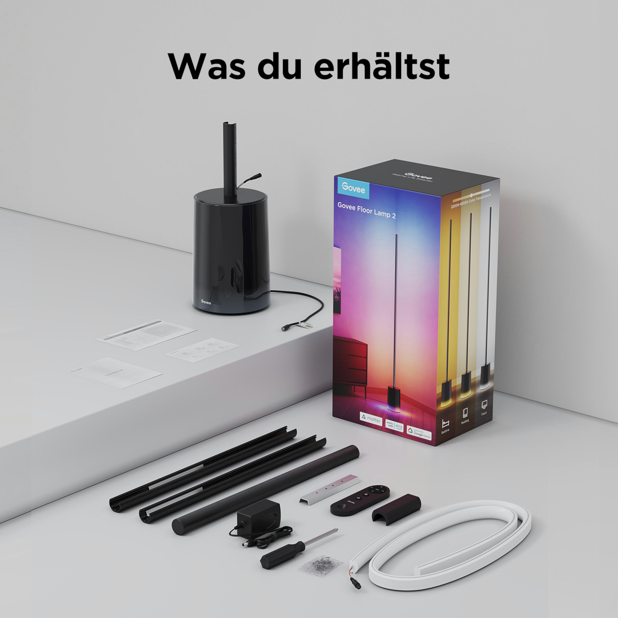 Govee Bodenlampe 2 Teile: Lampe, Verpackung, Fernbedienung, Schrauben, Netzte.