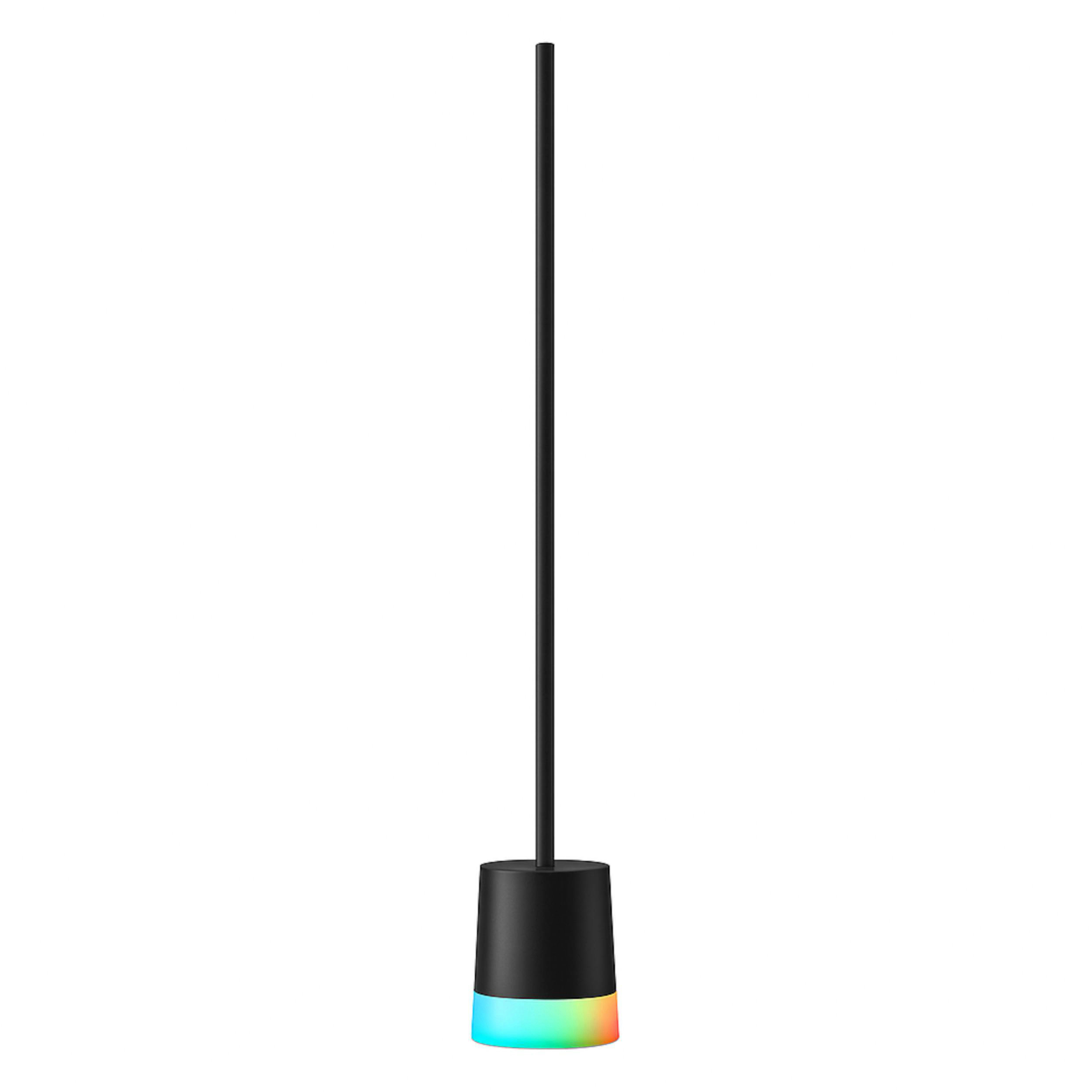 Schwarze Stehlampe mit zylindrischem Sockel und Farbverlauf.