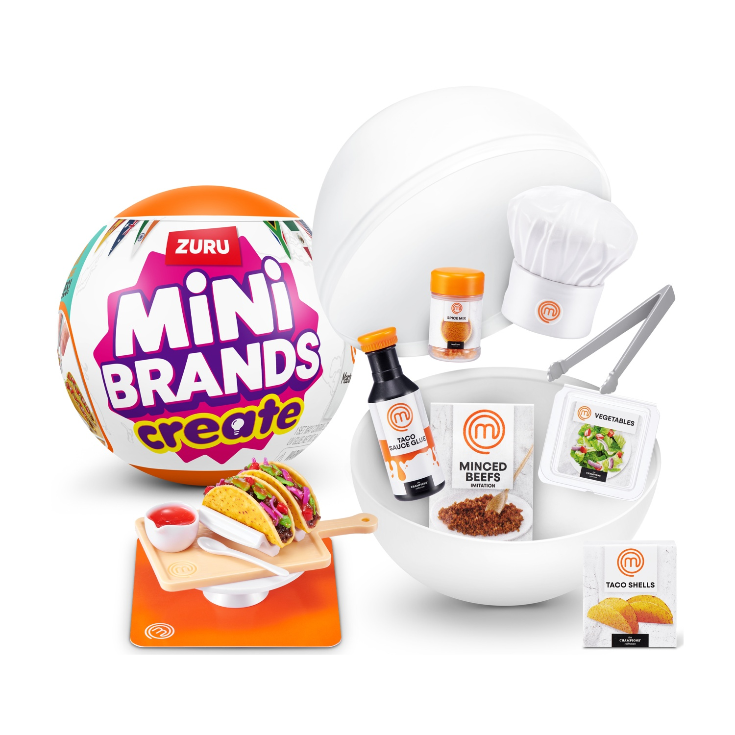 Set Taco Mini Brands Create con cappello da chef, spezie, salsa, carne, verdure, gusci.