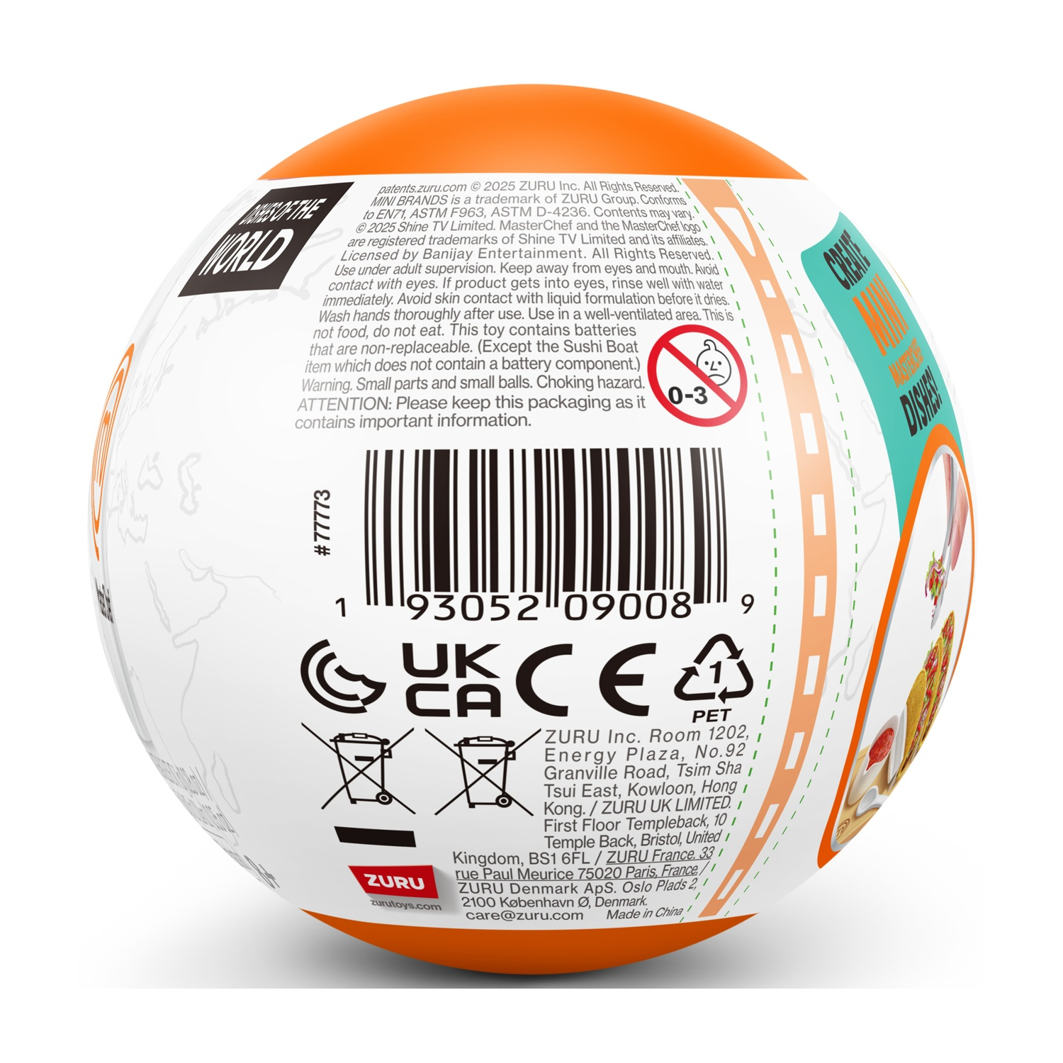 Un giocattolo sferico bianco e arancione con testo, un codice a barre e simboli di avvertimento, su sfondo bianco.