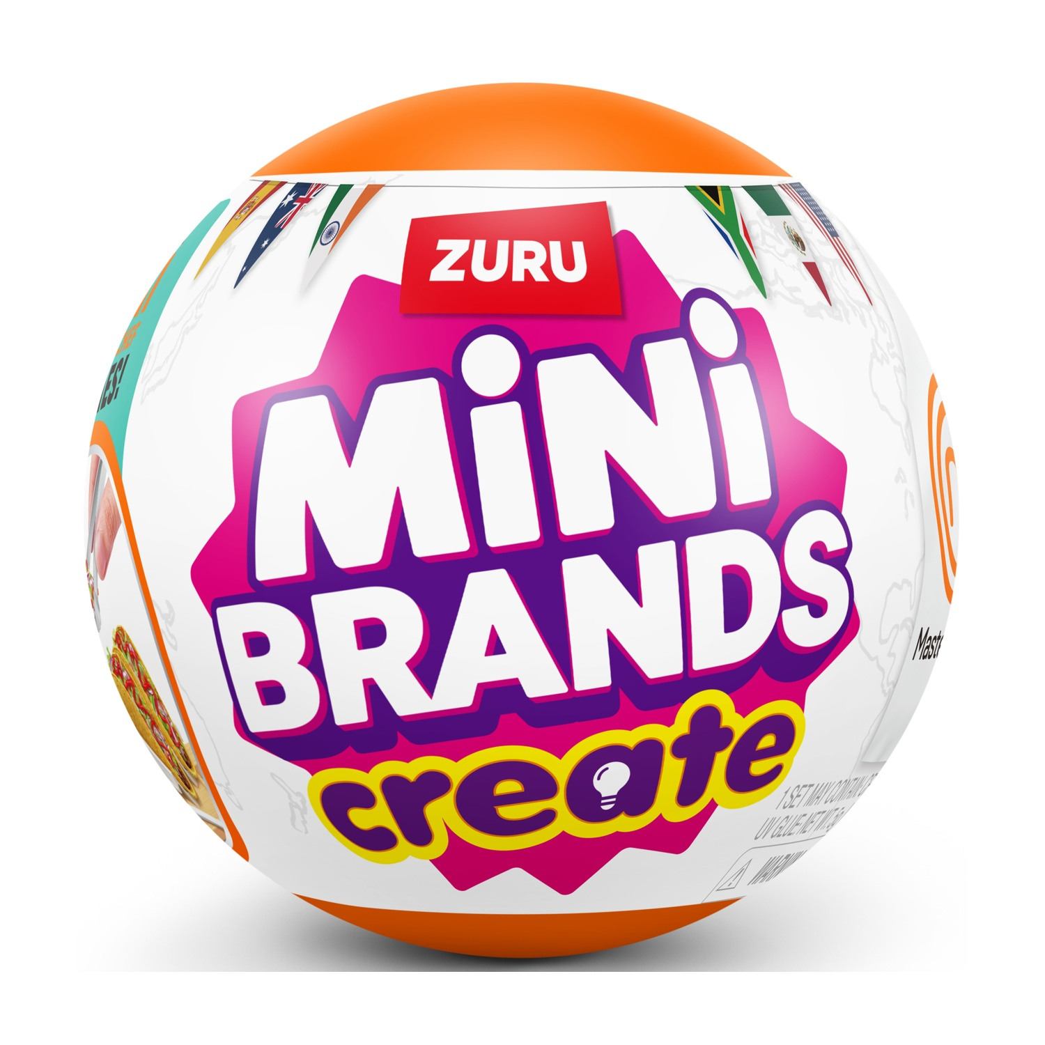Una capsula giocattolo Zuru Mini Brands Create bianca e arancione con bandiere di diversi paesi e una mappa del mondo.