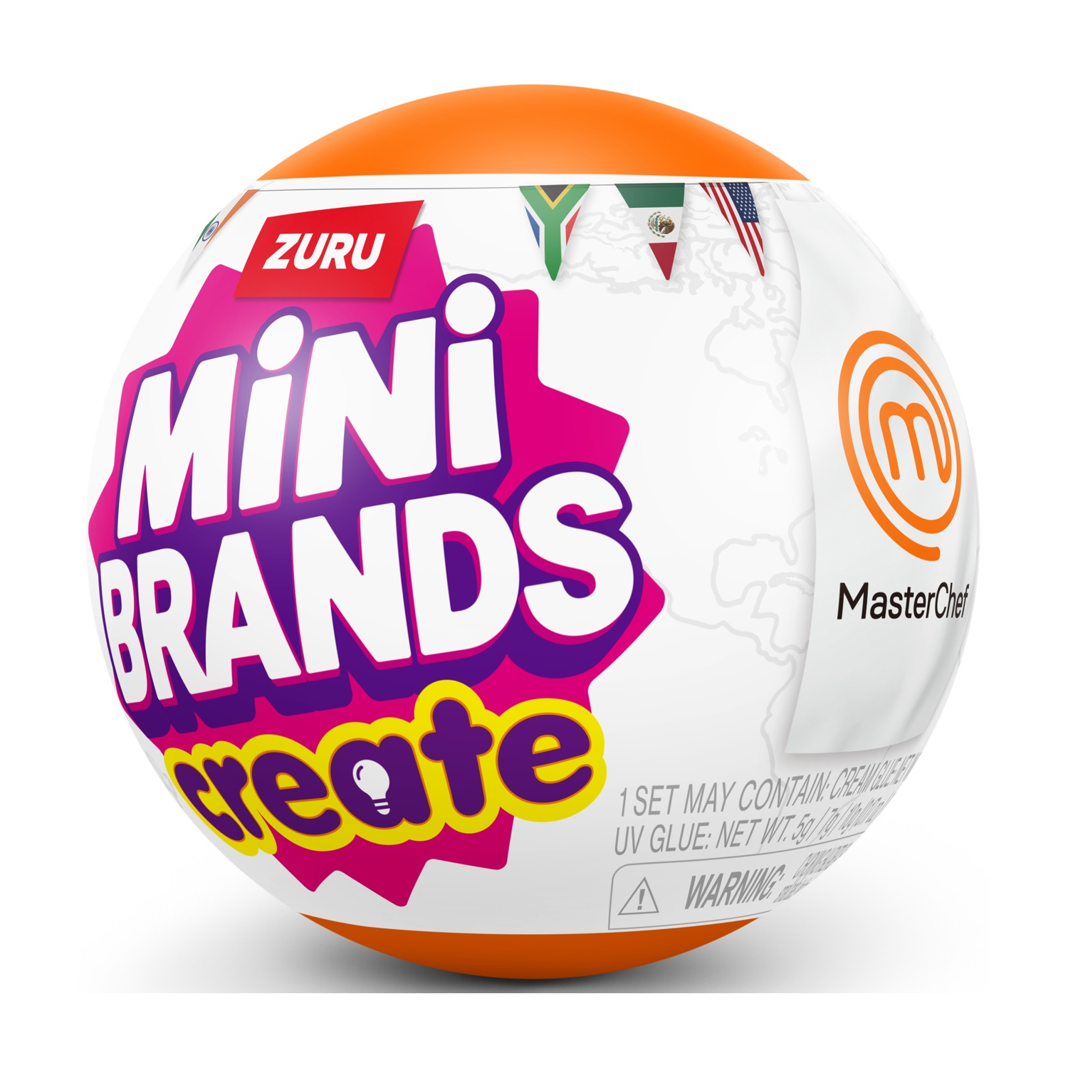 Una capsula giocattolo ZURU Mini Brands Create bianca e arancione con bandiere globali e logo MasterChef, su sfondo bianco.