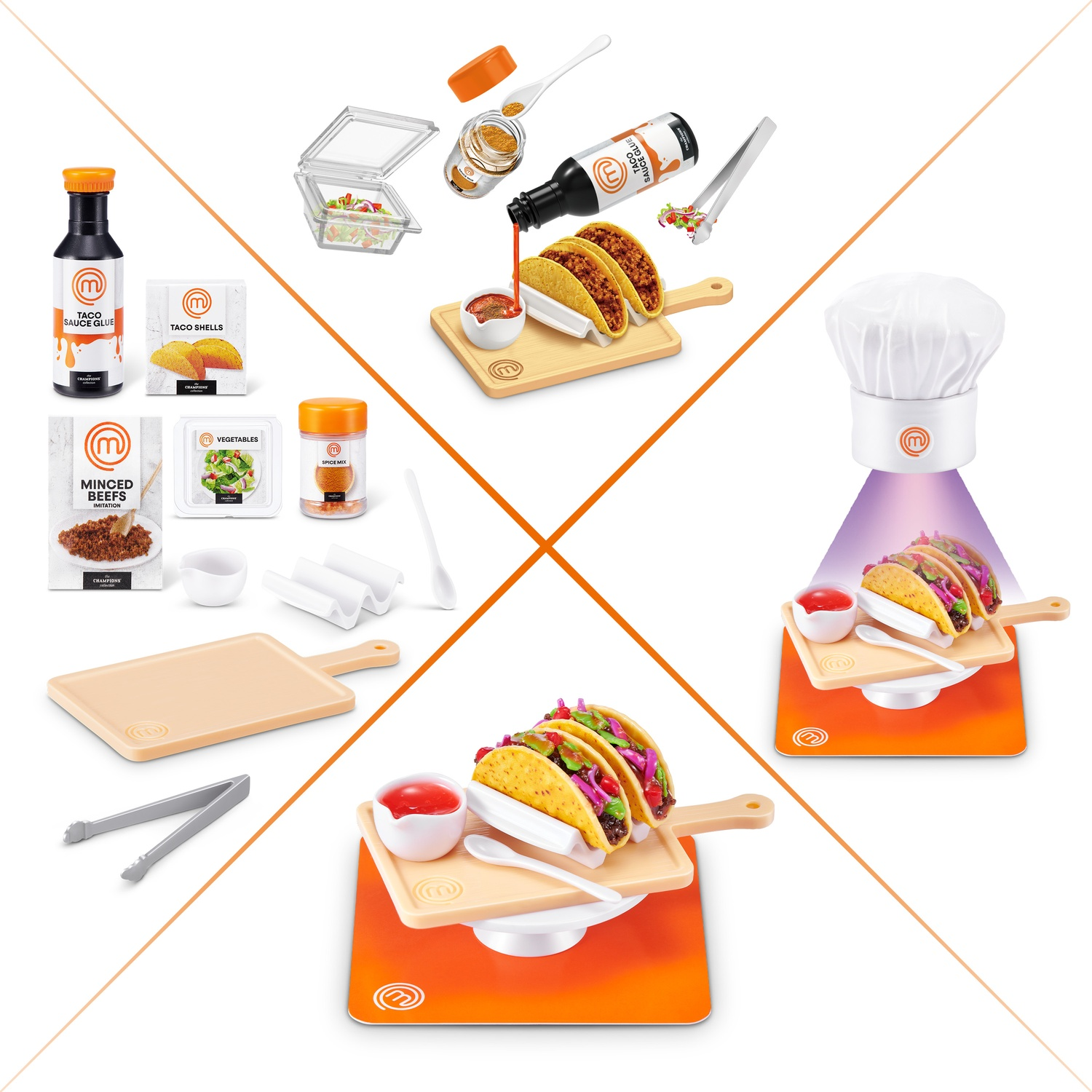Set taco con ingredienti, utensili e tacos finiti su taglieri.