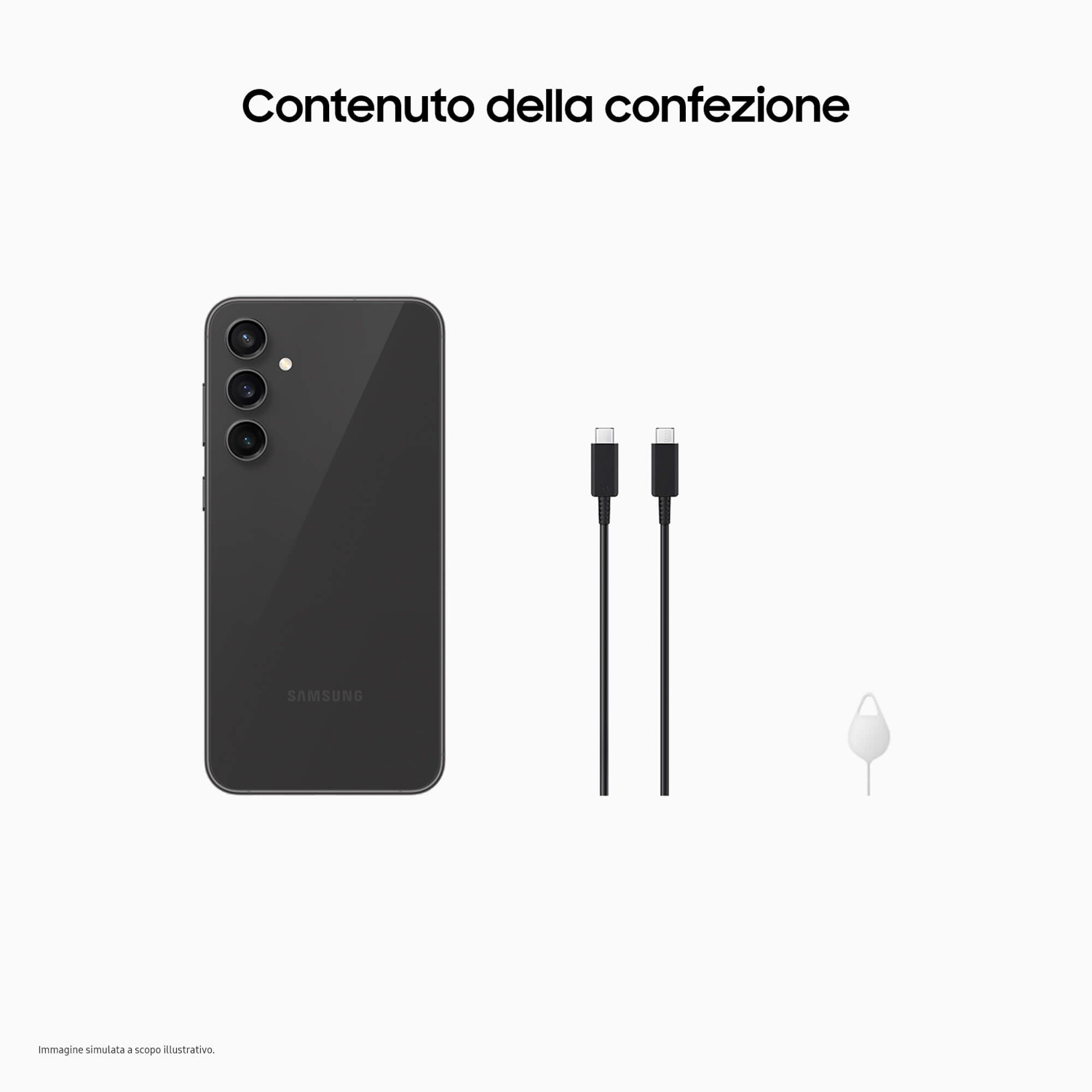 Smartphone nero, due cavi di ricarica e strumento SIM su sfondo bianco.