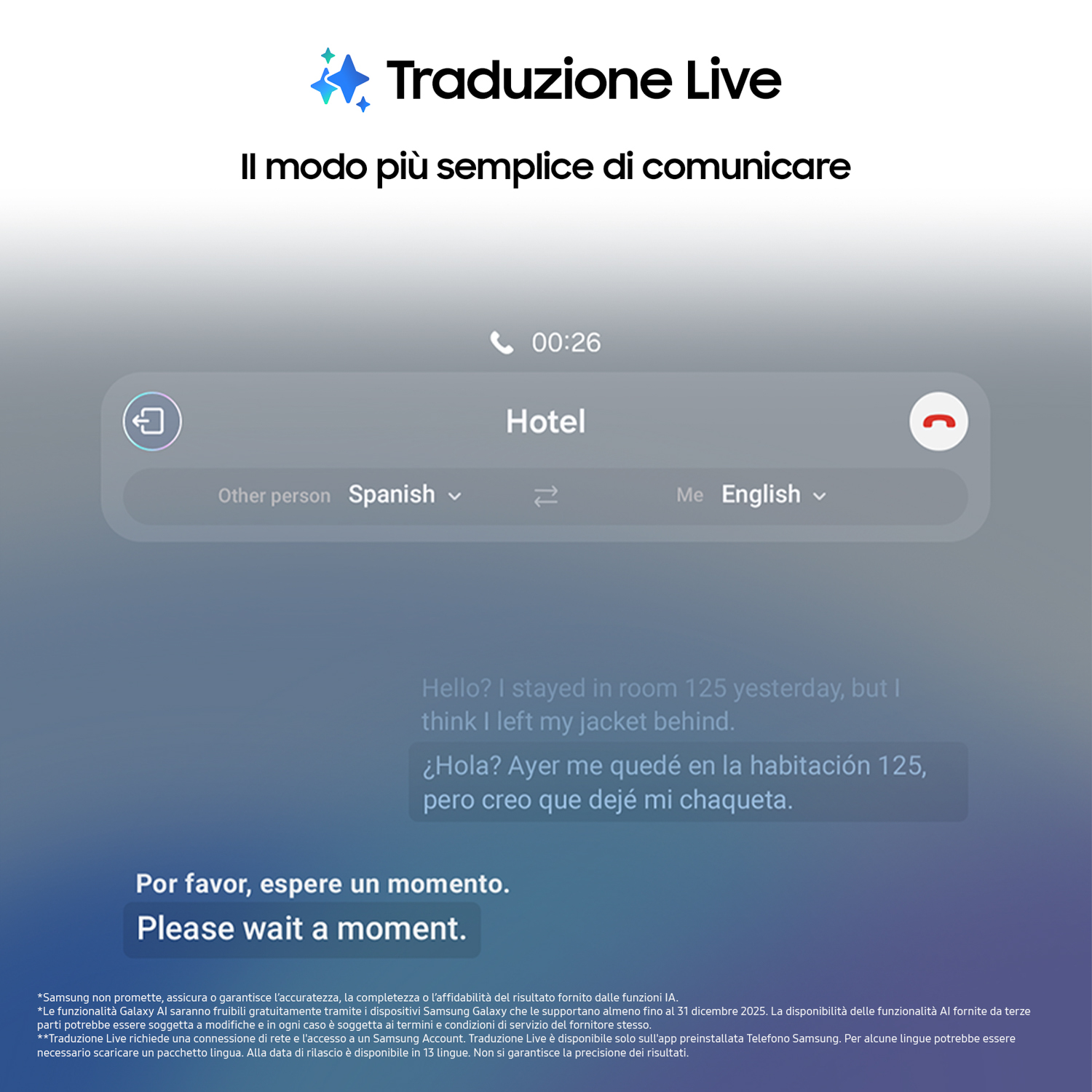 Traduzione chiamata app: Hotel, spagnolo in inglese. Messaggi in traduzione.