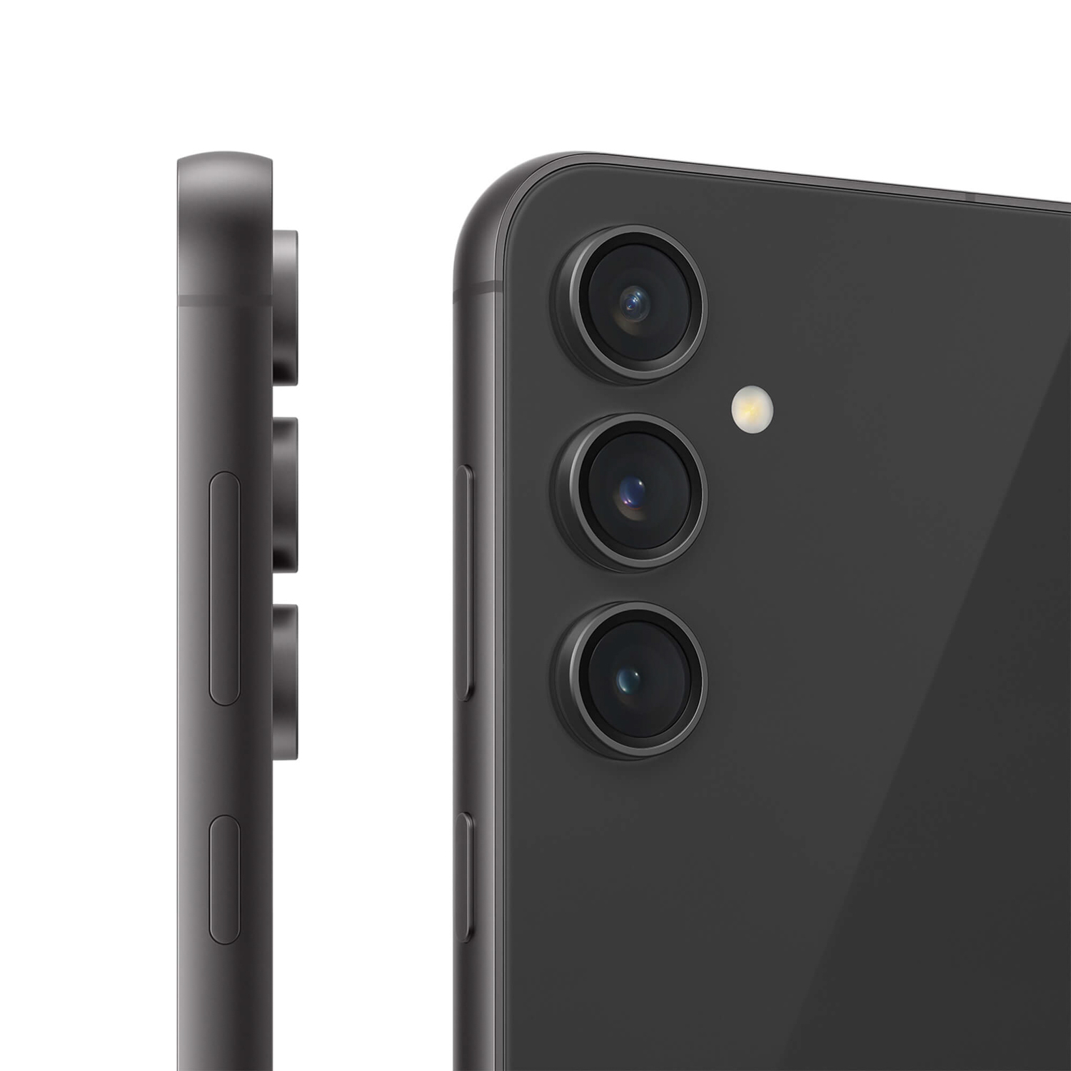 Tre obiettivi neri e un flash su uno smartphone scuro.