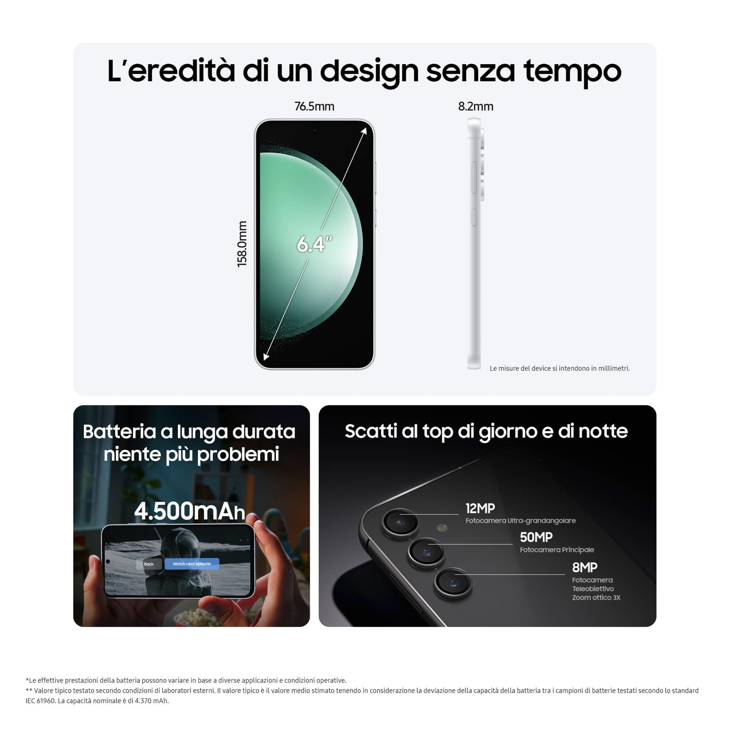 Uno smartphone con display da 6,4 pollici, batteria da 4500mAh e 3 fotocamere (12MP, 50MP, 8MP).