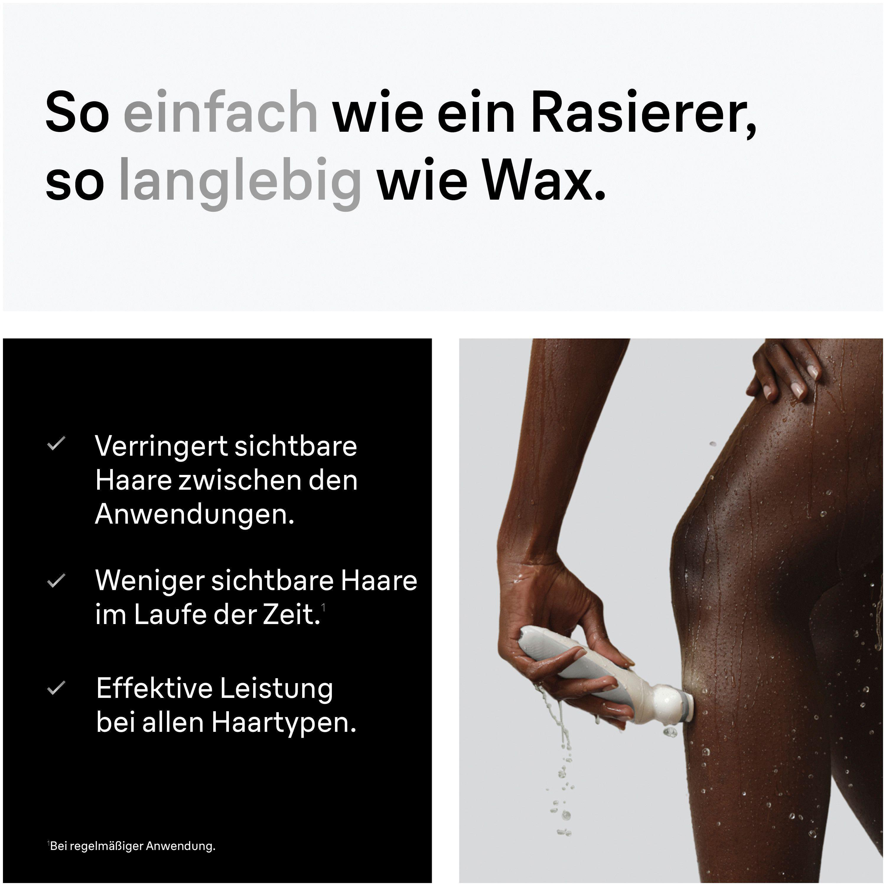 Ein nasser Arm und ein nasses Bein einer Person, die ein weißes Haarentfernungsgerät auf ihrer Haut verwendet. Text links listet Produktvorteile auf.