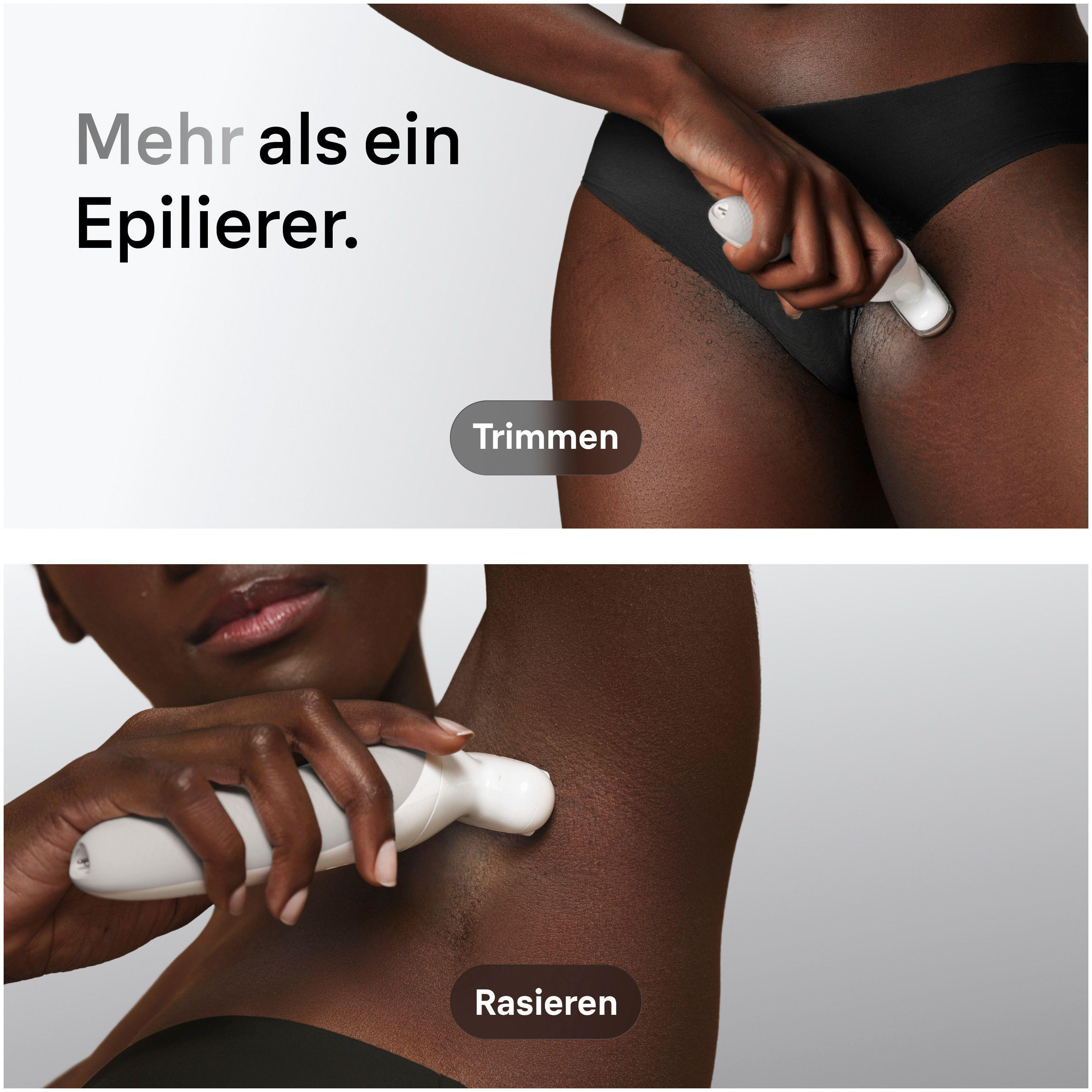 Frau trimmt Bikinizone mit weißem Gerät. Frau rasiert Achseln mit weißem Gerät.