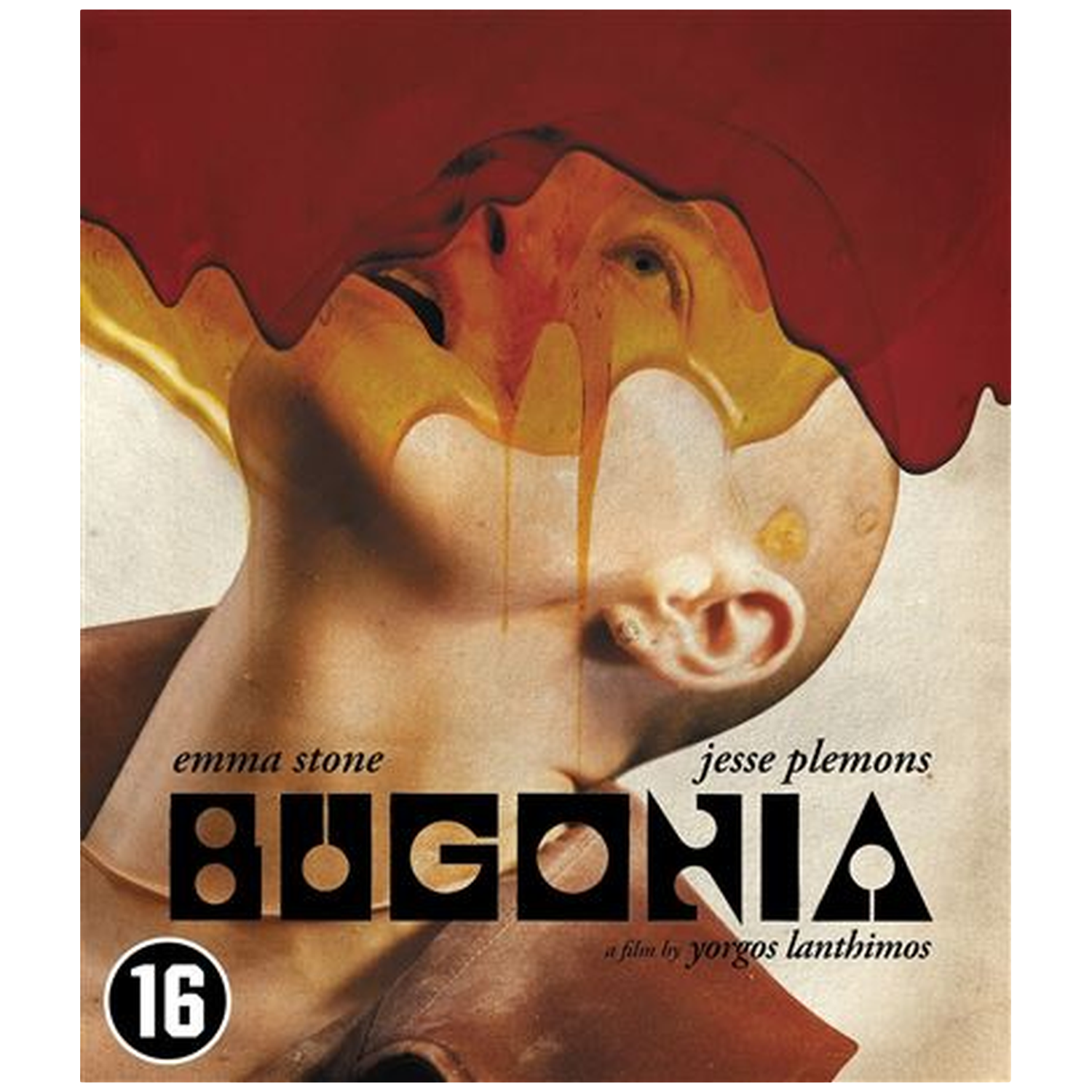 Une affiche représentant une tête avec de la peinture rouge et jaune dégoulinant. Titre : BUGONIA.