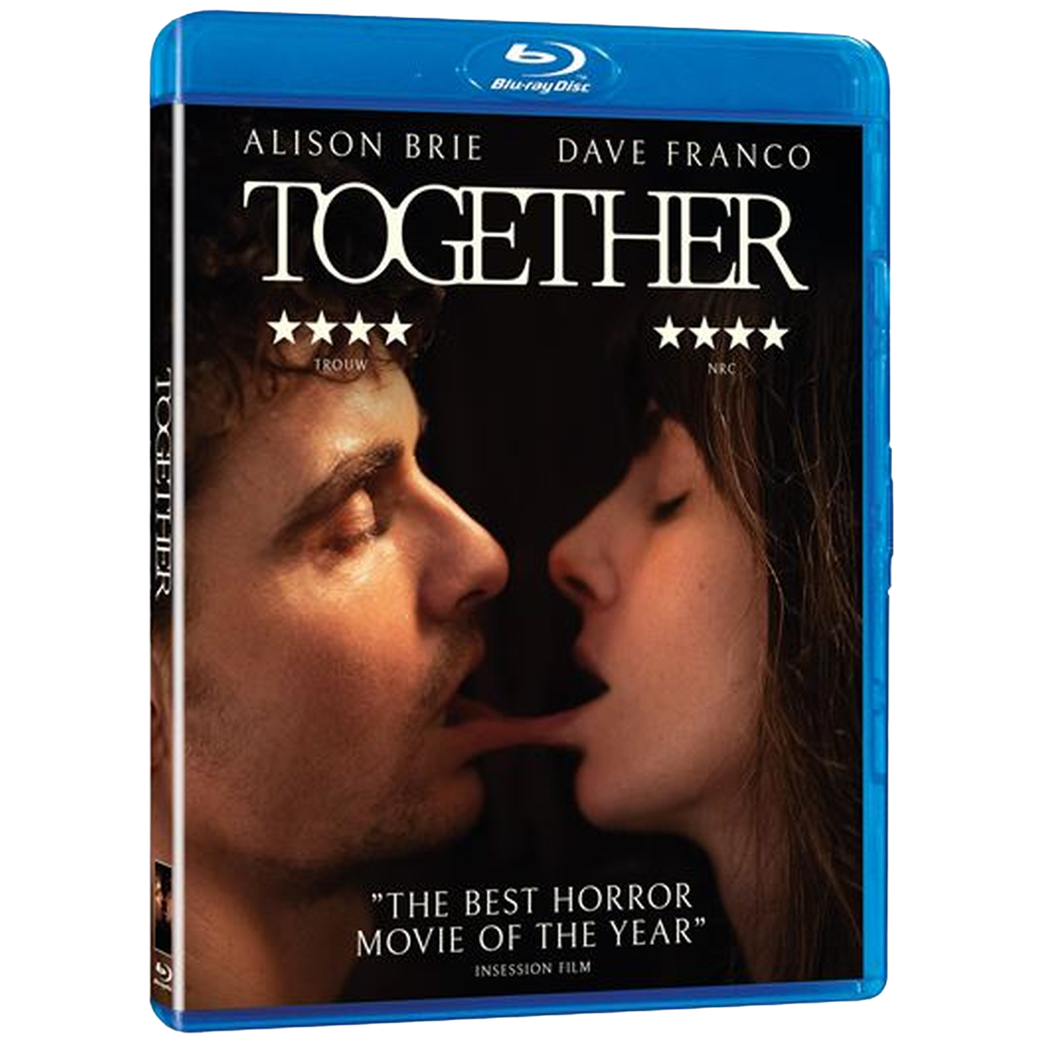 Couverture Blu-ray de 'Together' avec Alison Brie et Dave Franco, gros plan.