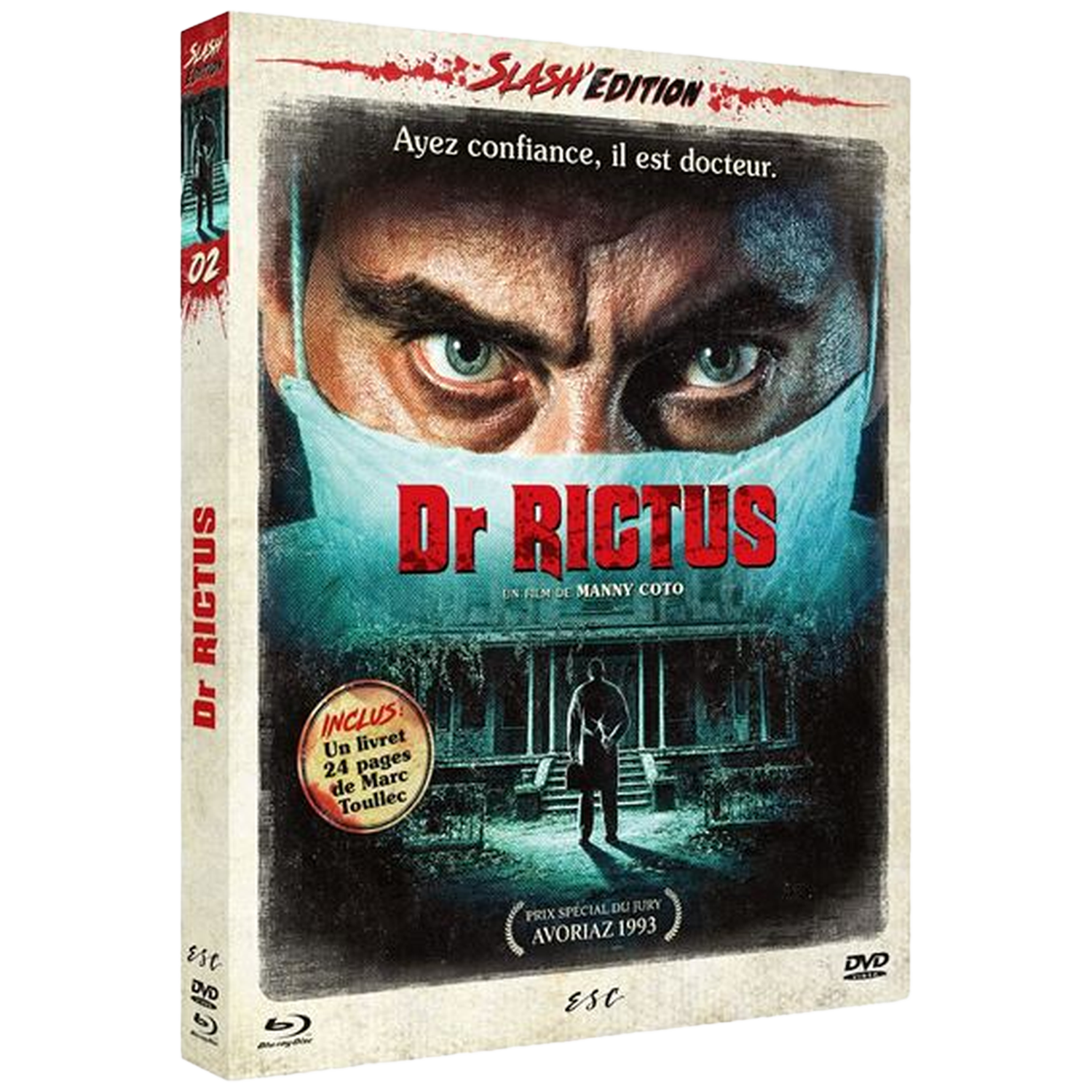 Couverture DVD "Dr. Rictus" : gros plan homme masque. Maison en arrière-plan. Livret inclus.