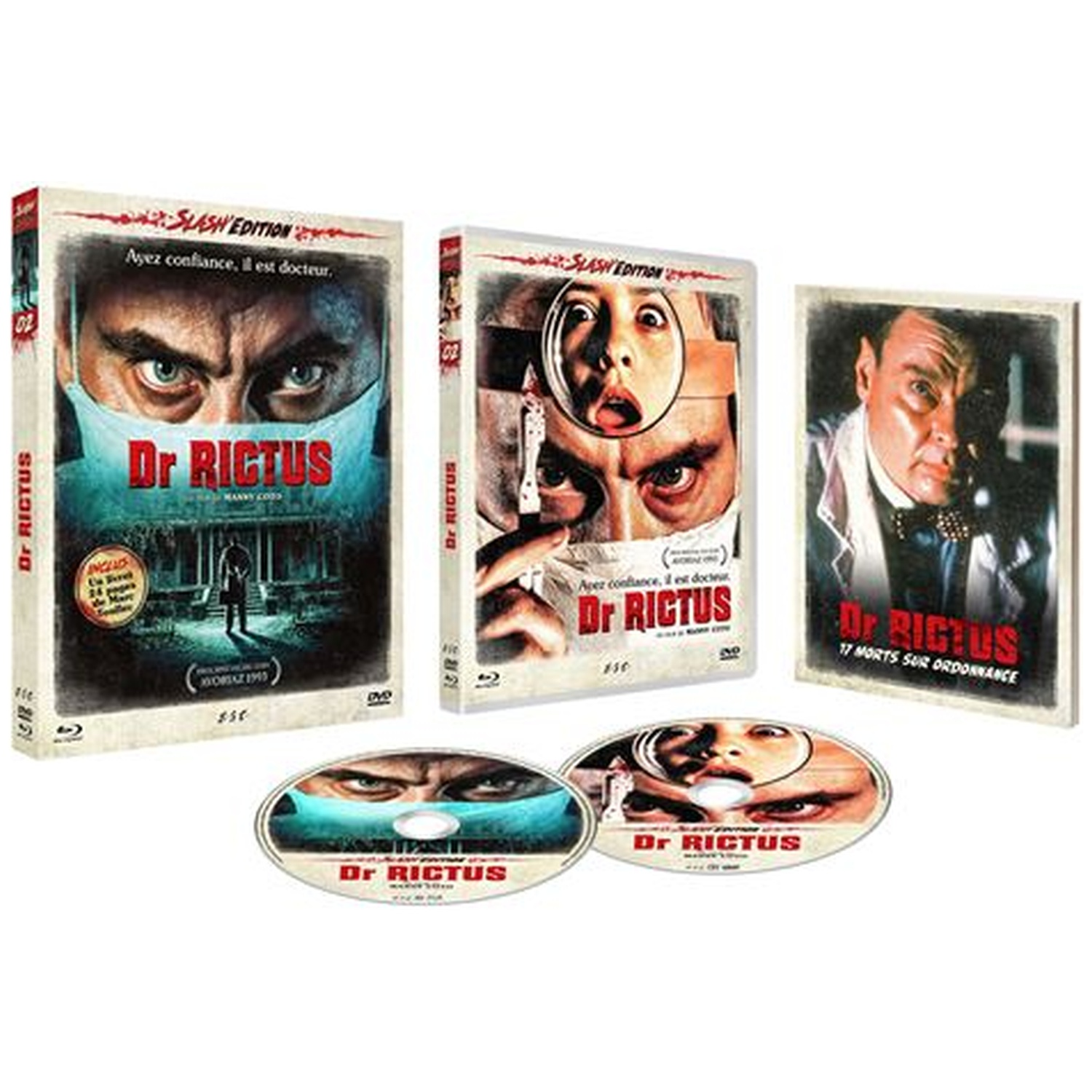 Trois DVD/Blu-ray "Dr. Rictus" aux couvertures effrayantes. Deux boîtiers et deux disques.