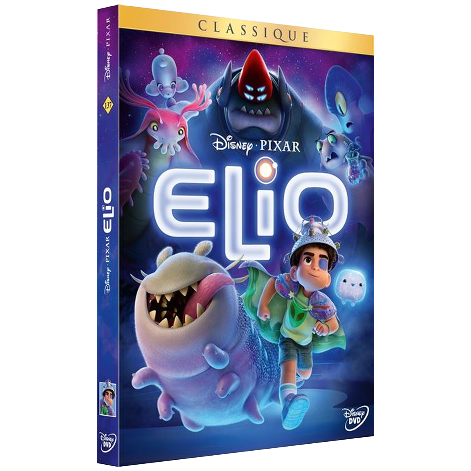 Couverture DVD: Elio avec des extraterrestres sur fond spatial.