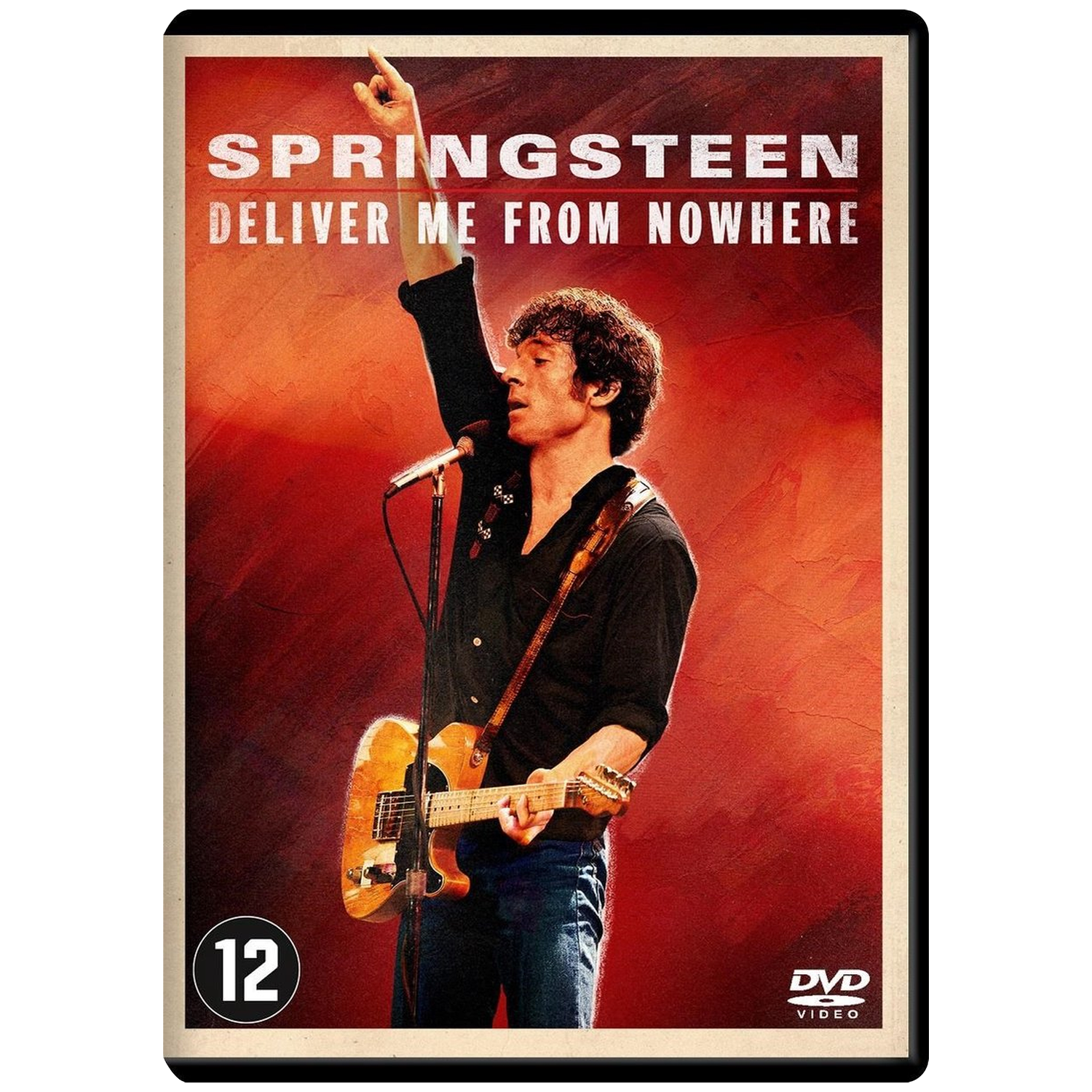 Bruce Springsteen met gitaar en microfoon op podium, 12-symbool.