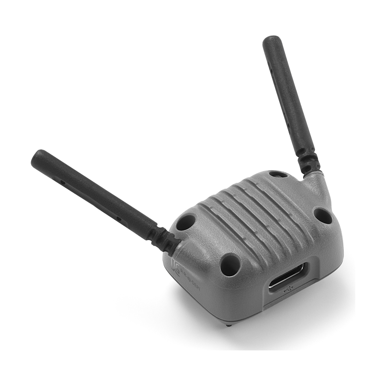Dispositivo grigio con due antenne nere e una porta USB.